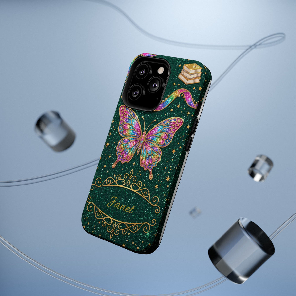 Rainbow Glitter Butterfly Personalized Teacher Phone Case — Wireless Charging Cover