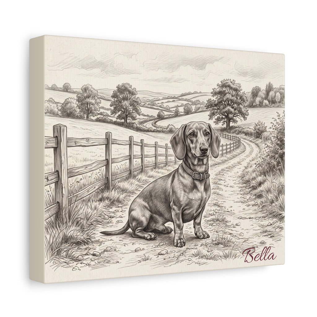 Dachshund Countryside Sketch Personalized Canvas | Rustic Farm Path Wall Art