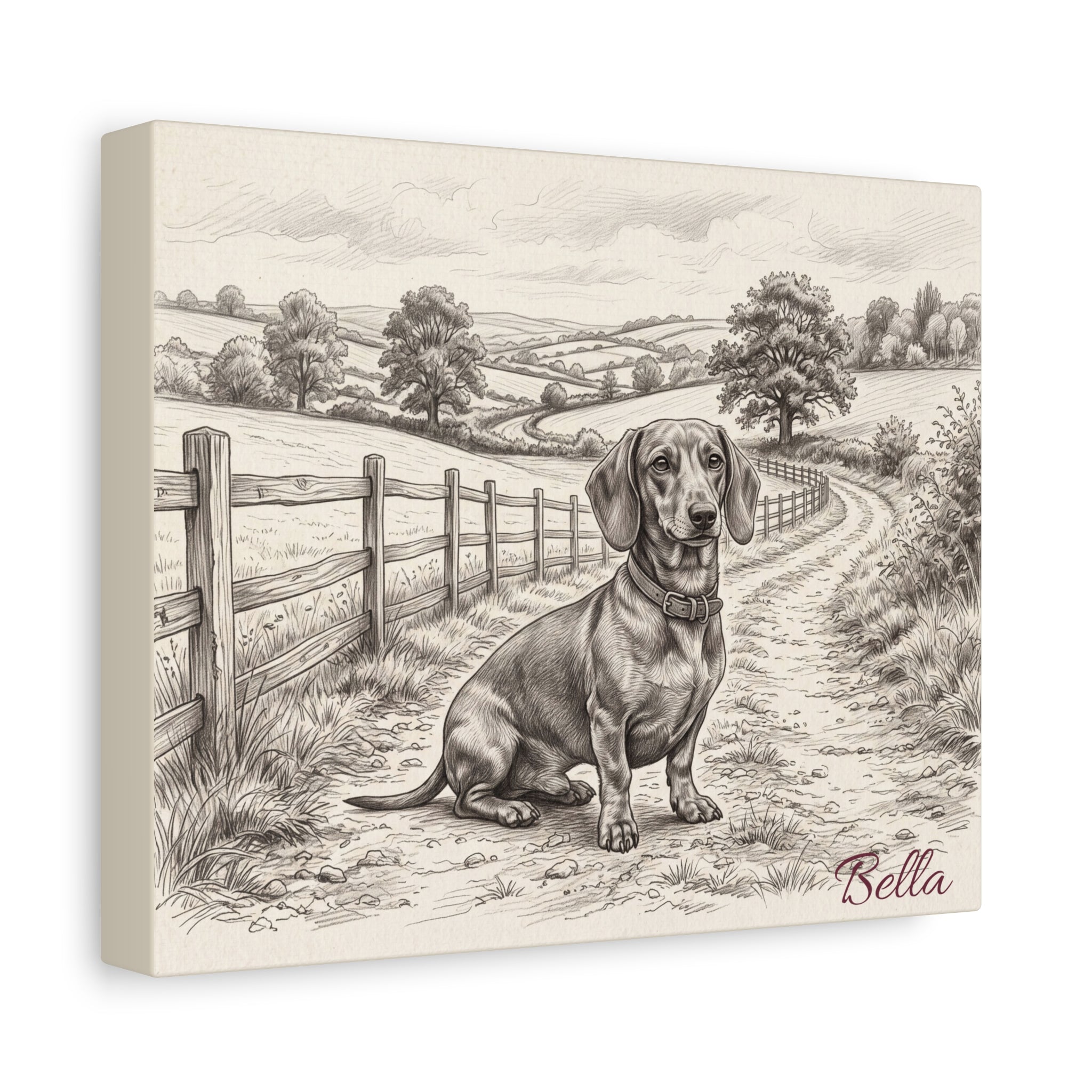 Dachshund Countryside Sketch Personalized Canvas | Rustic Farm Path Wall Art