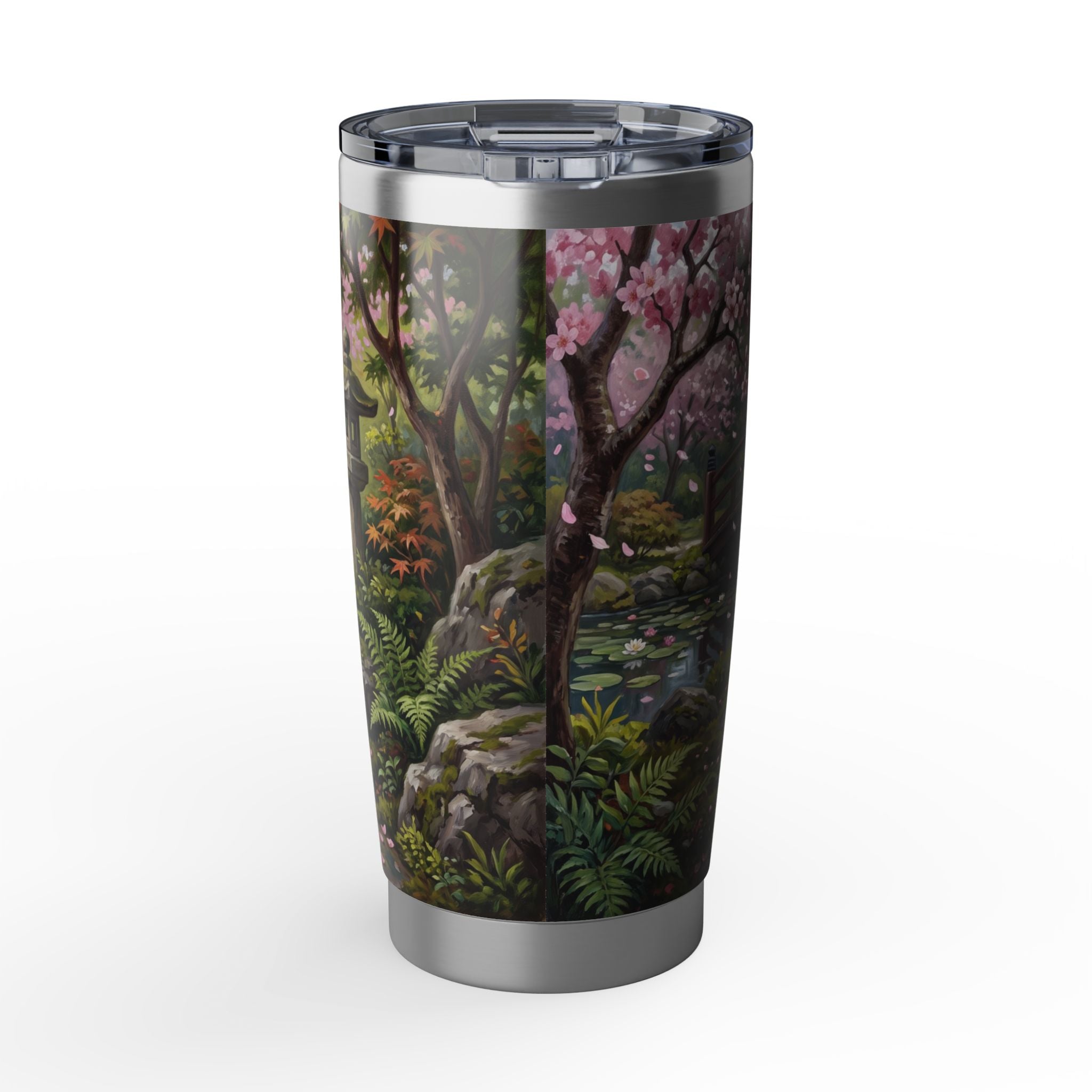 Dachshund Cherry Blossom Stainless Tumbler — 20 oz Personalized Travel Mug with Black & Tan Garden Design