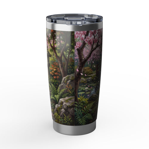 Dachshund Cherry Blossom Stainless Tumbler — 20 oz Personalized Travel Mug with Black & Tan Garden Design