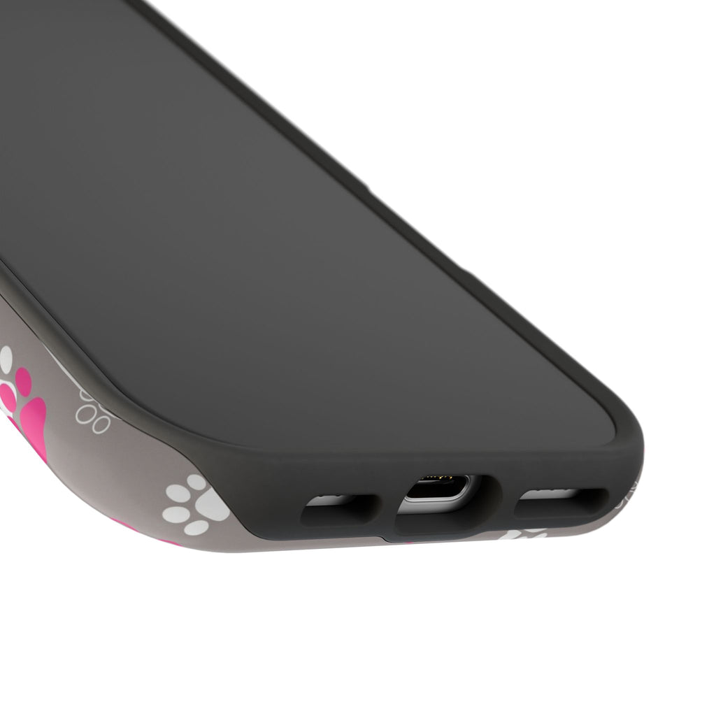 Pink & White Paw Print Phone Case — Impact-Resistant Wireless Charging Cover
