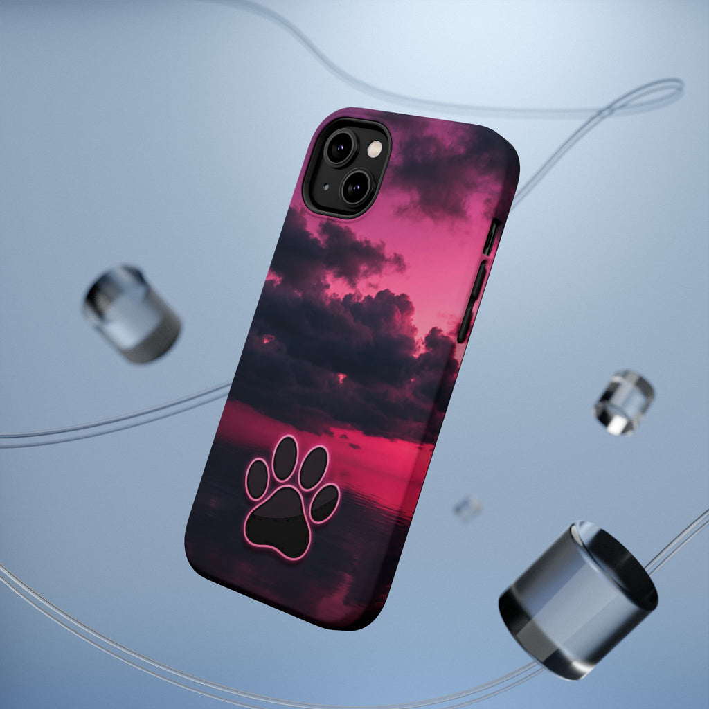 iPhone & Samsung Magnetic Impact-Resistant Phone Case — Pink Twilight Cloud with Paw Print