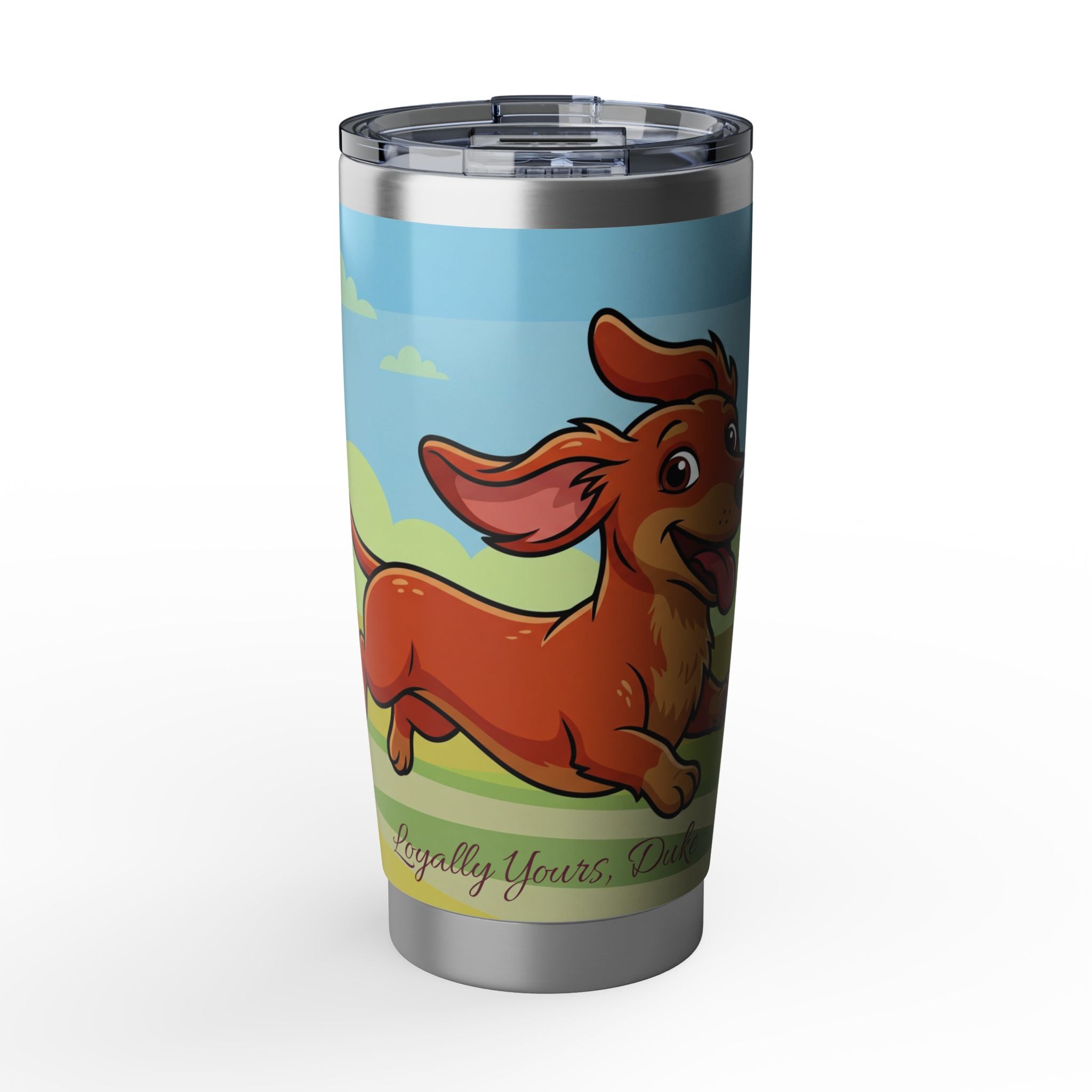 Dachshund Cartoon Stainless Tumbler — 20 oz Personalized Travel Mug with Playful Sunny Park Design