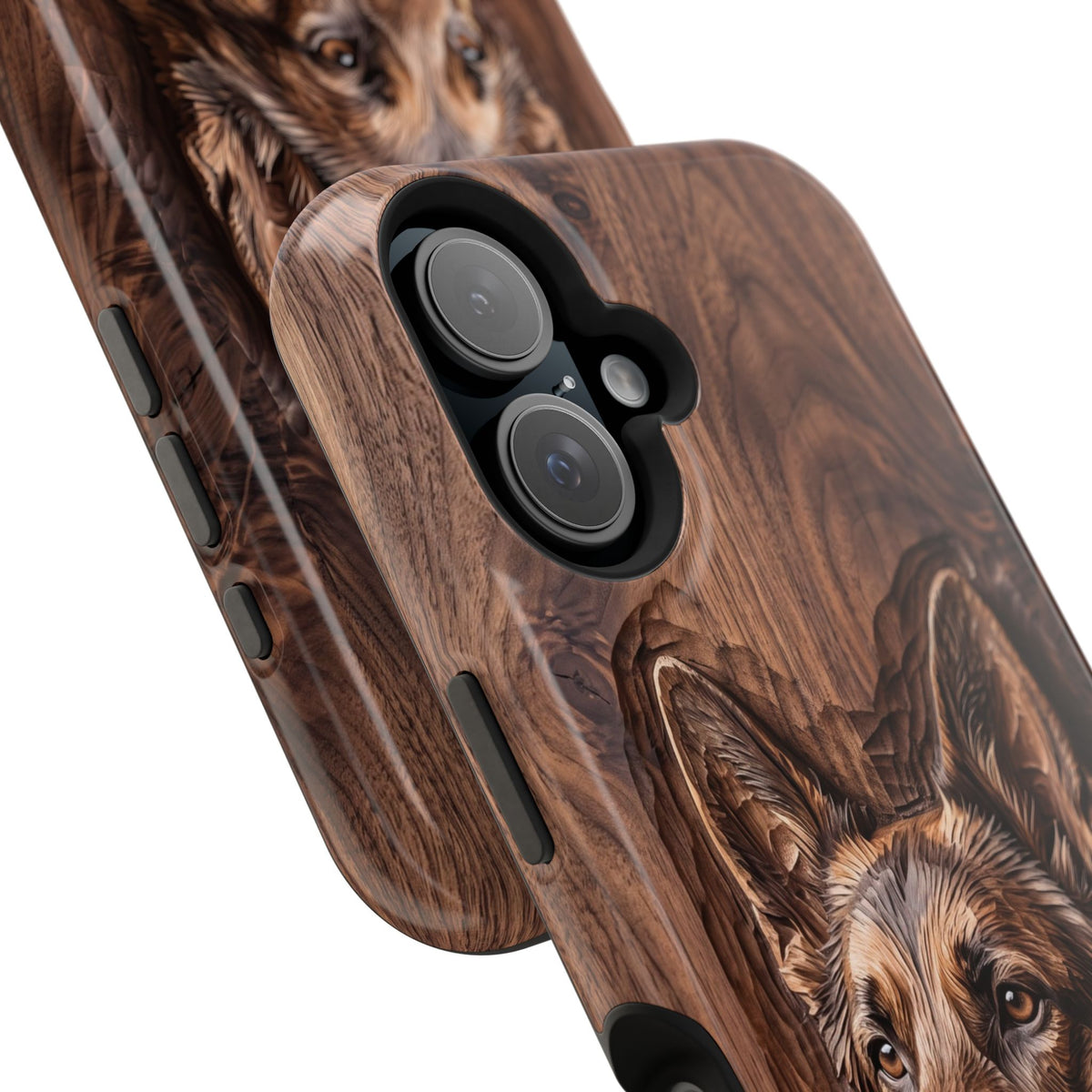 German Shepherd Phone Case | Carved Walnut Art — Tough Magnetic Case with Wireless Charging