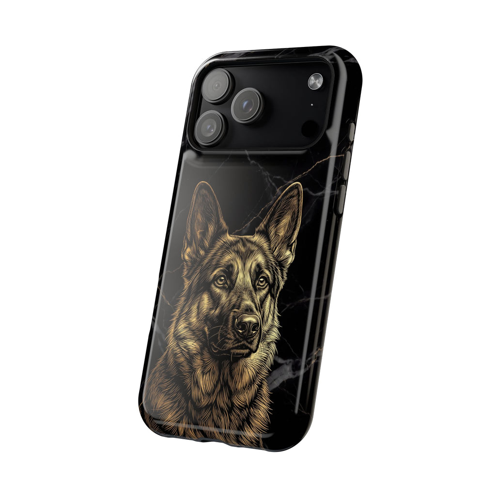 German Shepherd Phone Case | Black Marble Gold Sketch Art — Tough Magnetic Case with Wireless Charging