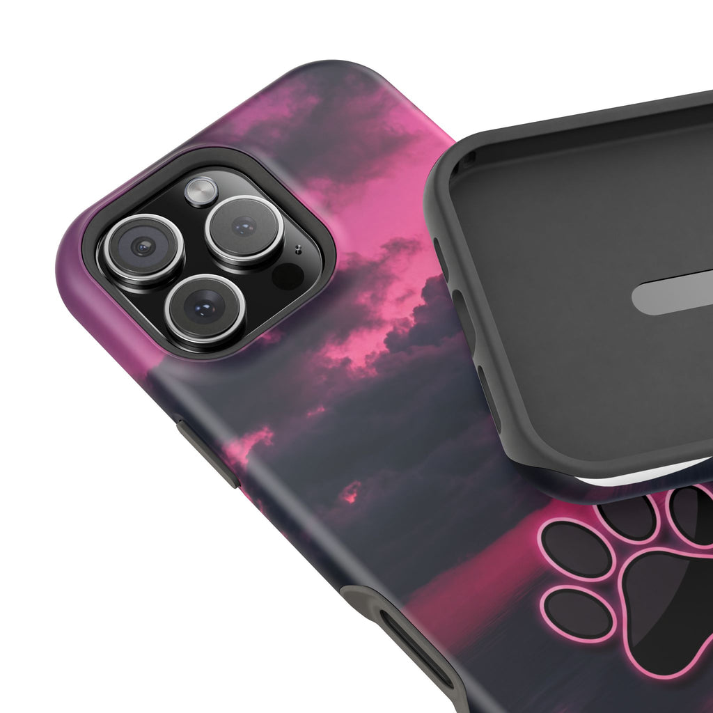 iPhone & Samsung Magnetic Impact-Resistant Phone Case — Pink Twilight Cloud with Paw Print