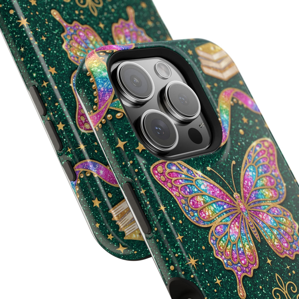 Rainbow Glitter Butterfly Personalized Teacher Phone Case — Wireless Charging Cover