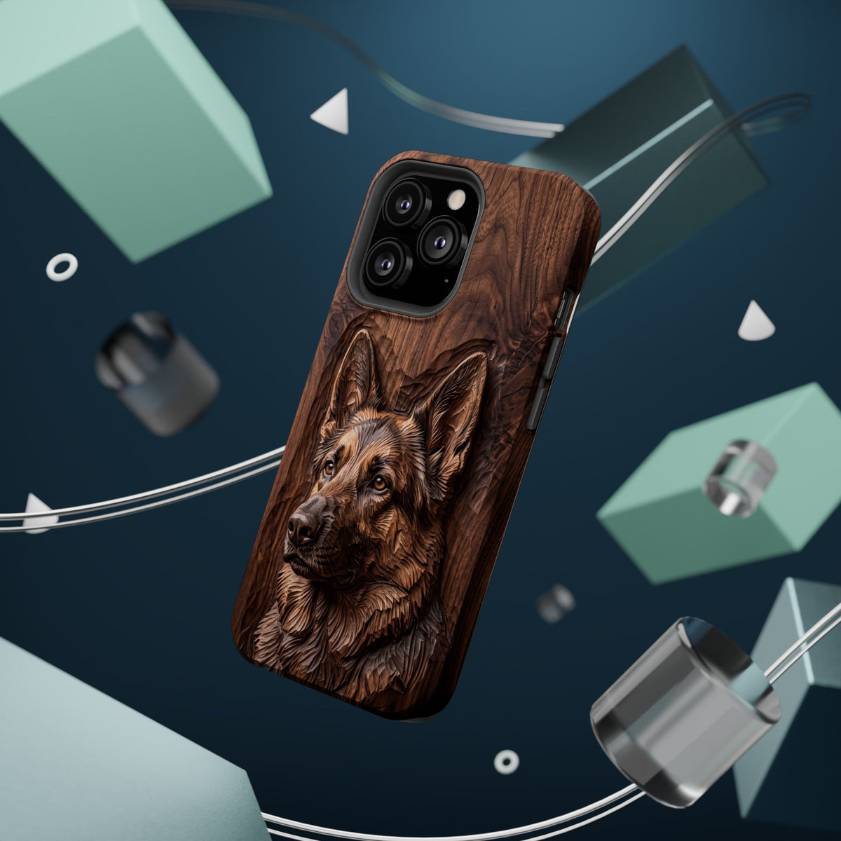 German Shepherd Phone Case | Carved Walnut Art — Tough Magnetic Case with Wireless Charging