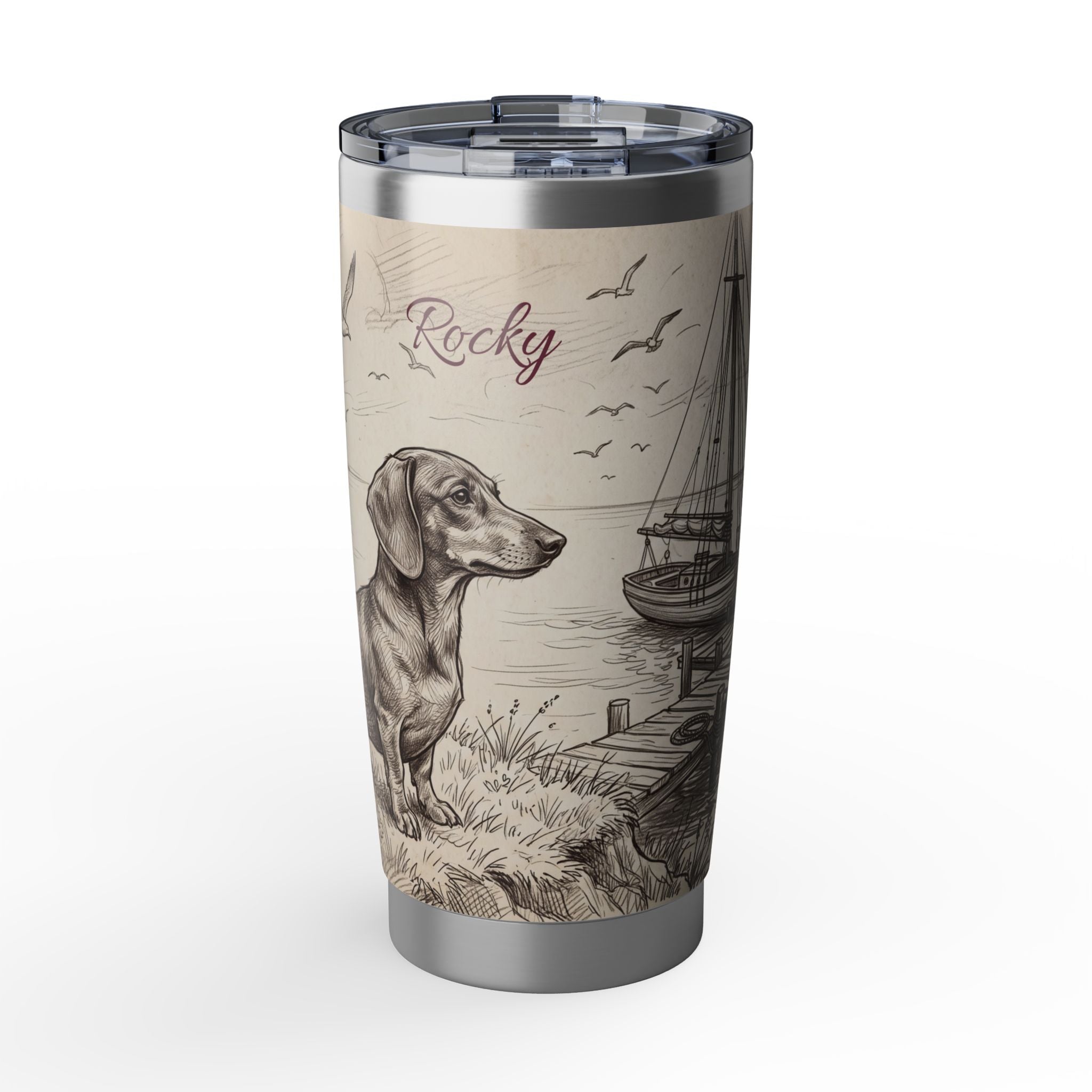 Nautical Dachshund Stainless Tumbler — 20 oz Personalized Travel Mug with Sailboat Harbour Design