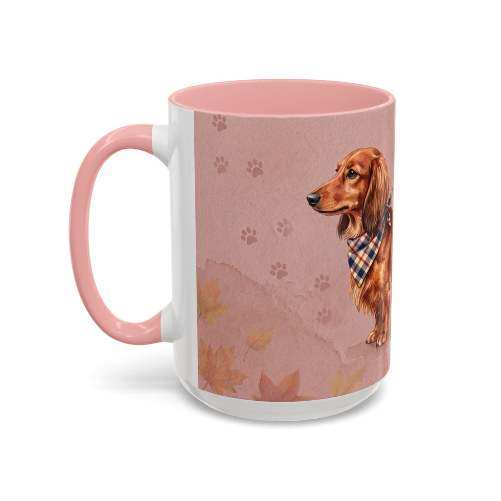 Dachshund Lover Mug | Long-Haired Wiener Dog with Plaid Bandana, Dusty Rose Watercolor Dog Gift