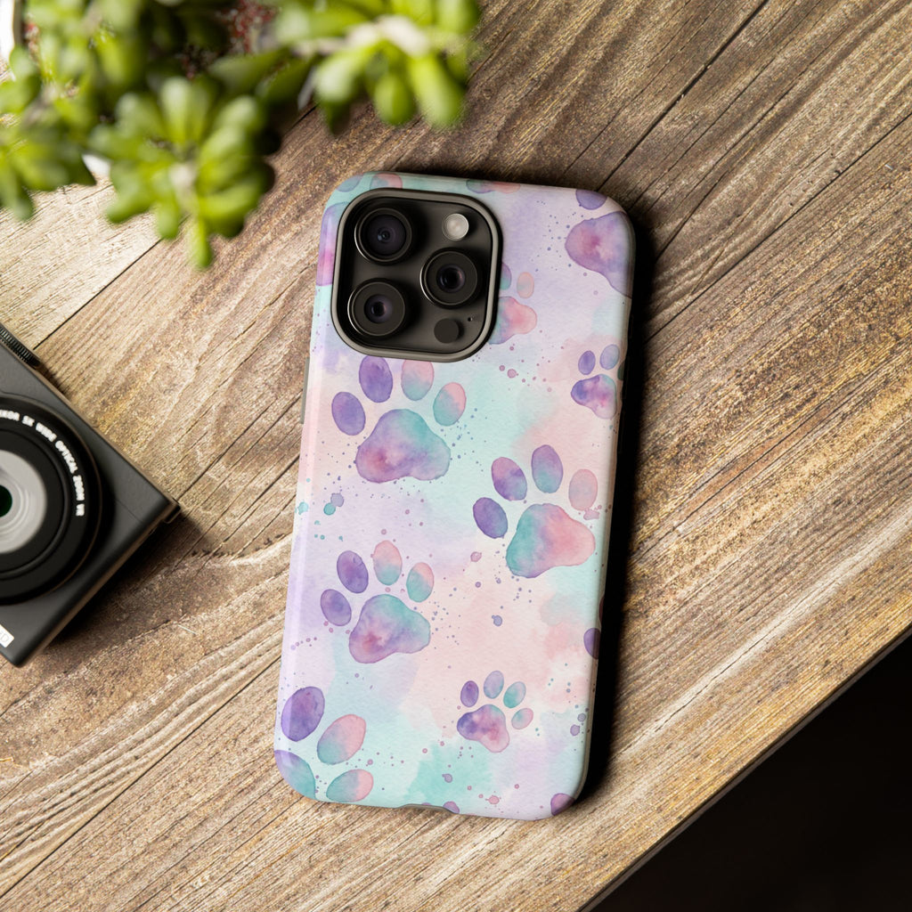 Watercolor Paw Print Phone Case | Pastel Purple, Teal & Pink Artistic Pattern | Samsung & iPhone