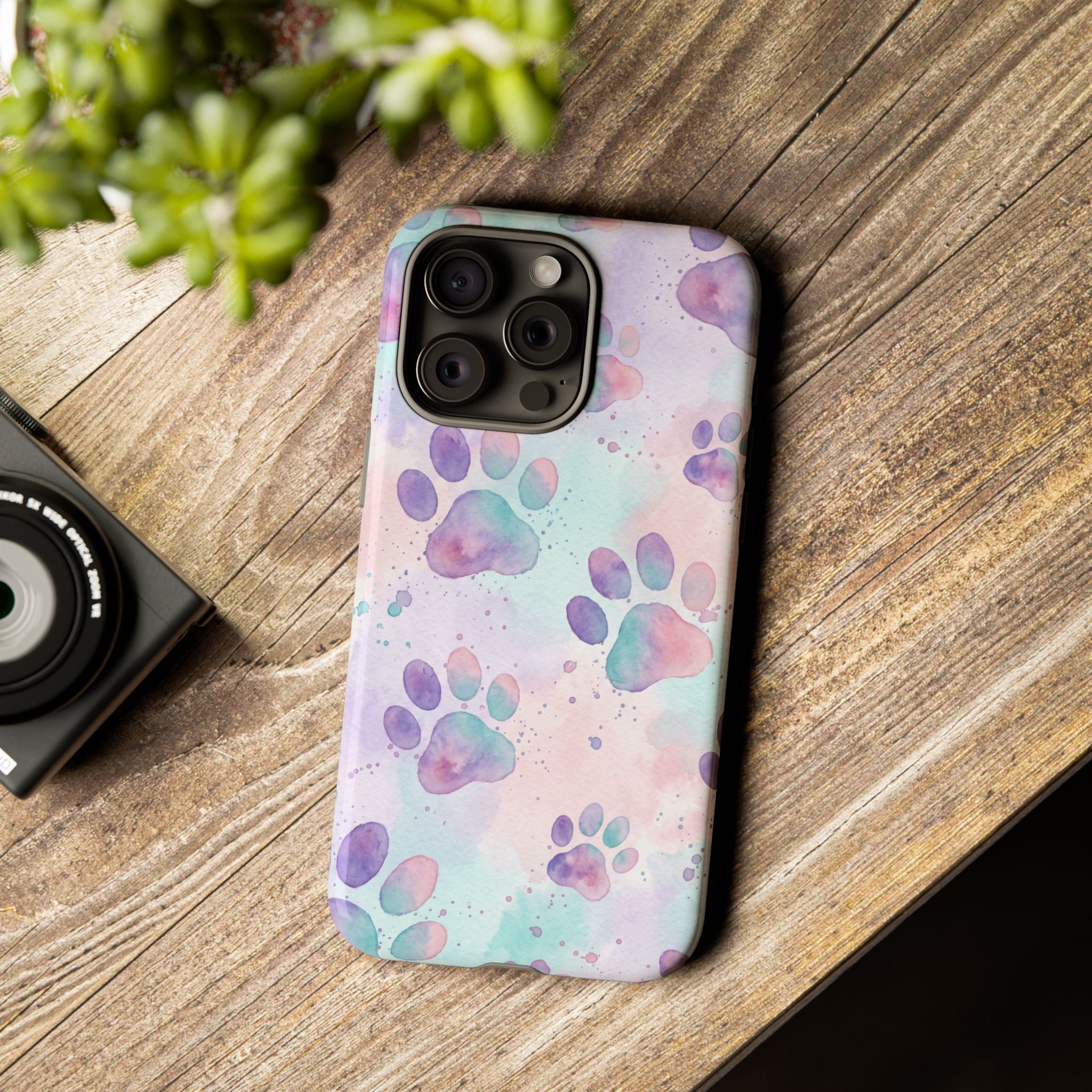 Watercolor Paw Print Phone Case | Pastel Purple, Teal & Pink Artistic Pattern | Samsung & iPhone