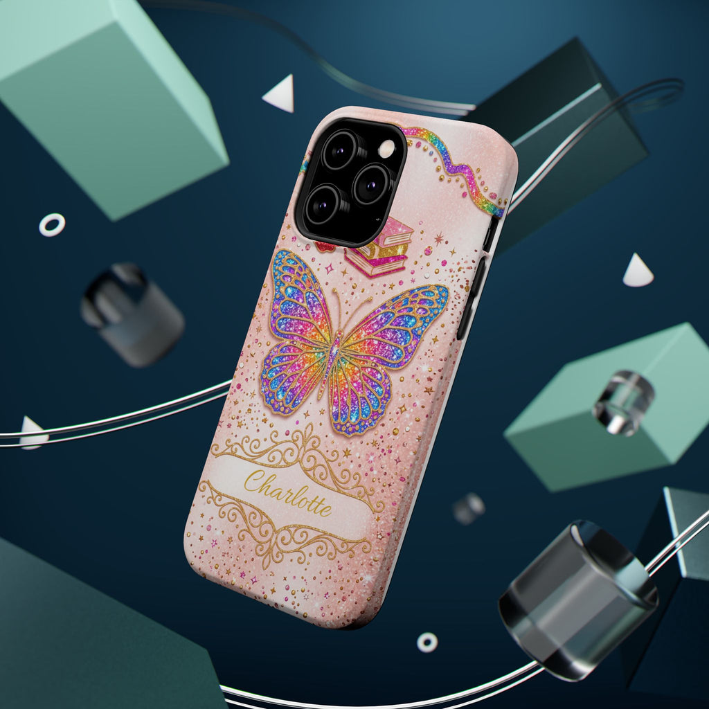 Blush Glitter Butterfly Personalized Teacher Phone Case — Wireless Charging Cover