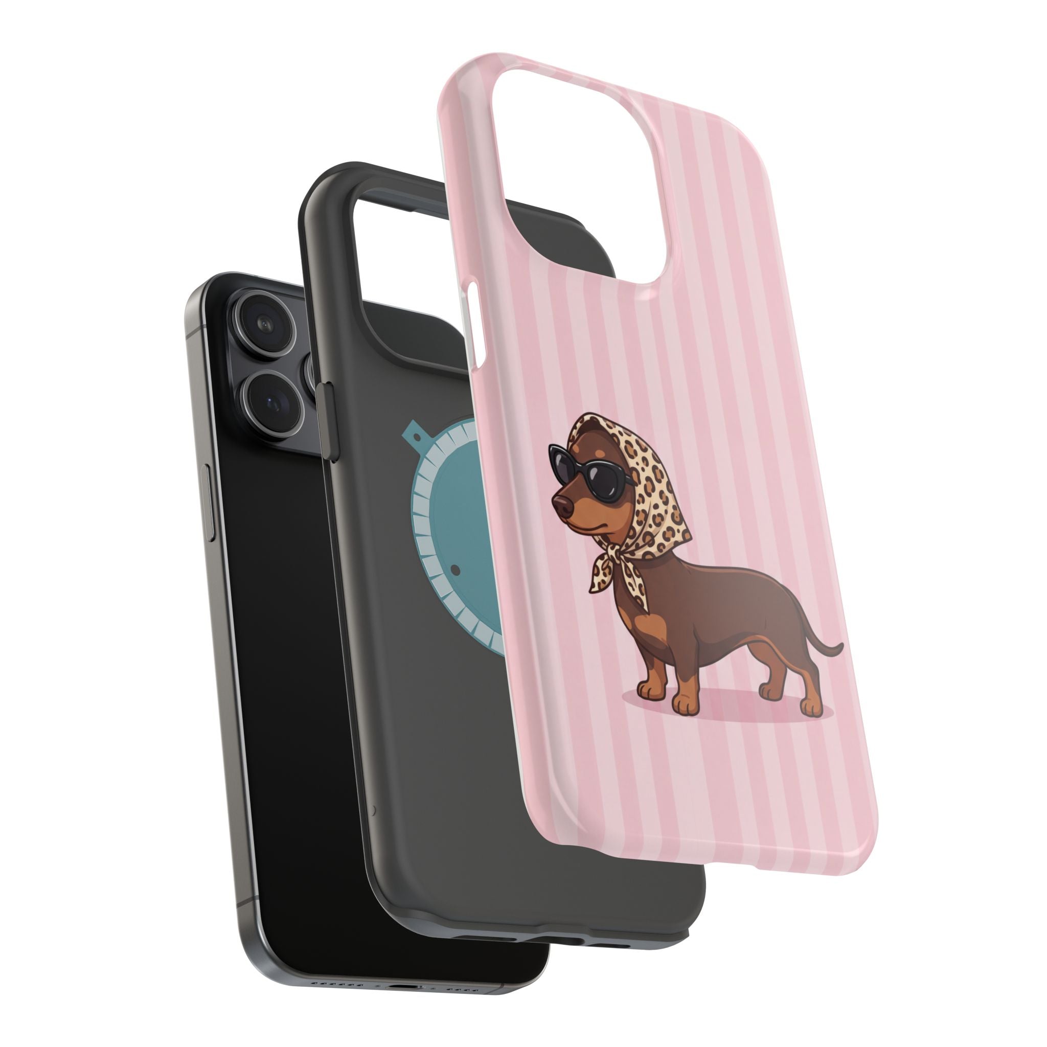 Glam Dachshund Phone Case | Cute Sausage Dog in Leopard Scarf & Sunglasses | Pink Stripe Case for iPhone & Samsung