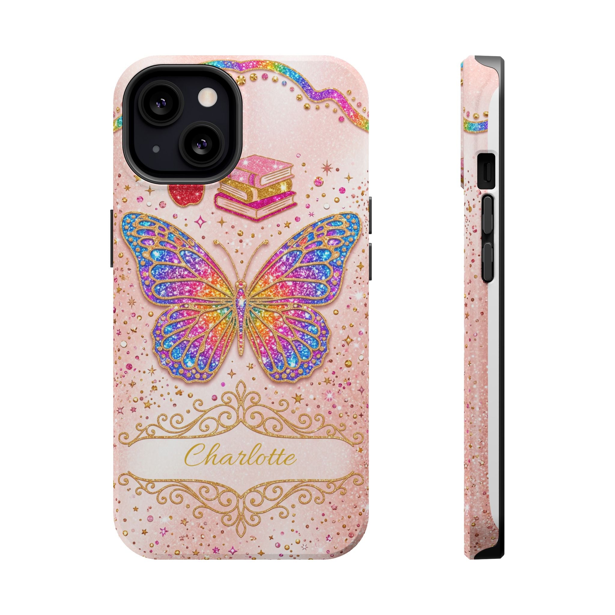 Blush Glitter Butterfly Personalized Teacher Phone Case — Wireless Charging Cover