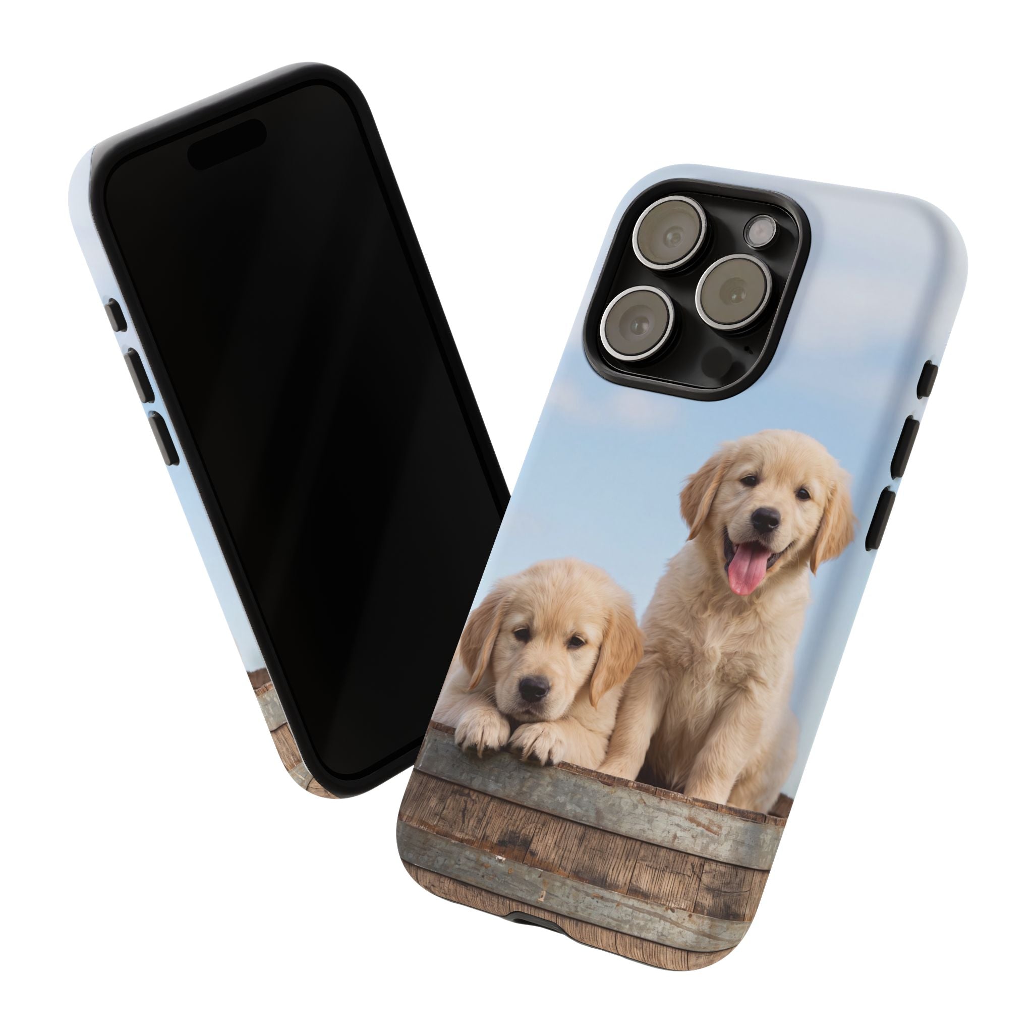 Golden Retriever Puppies on Barrel Phone Case | Cute Duo Under Blue Sky | iPhone & Samsung