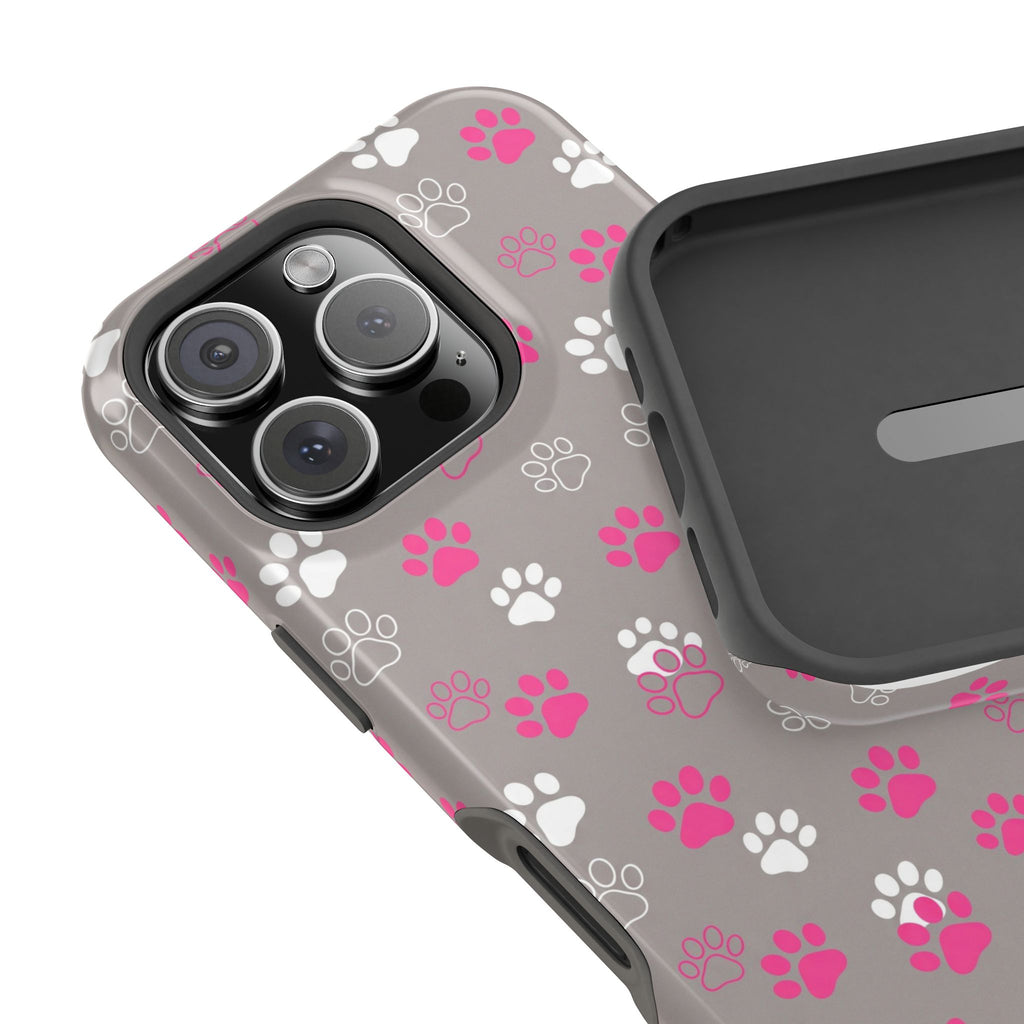 Pink & White Paw Print Phone Case — Impact-Resistant Wireless Charging Cover