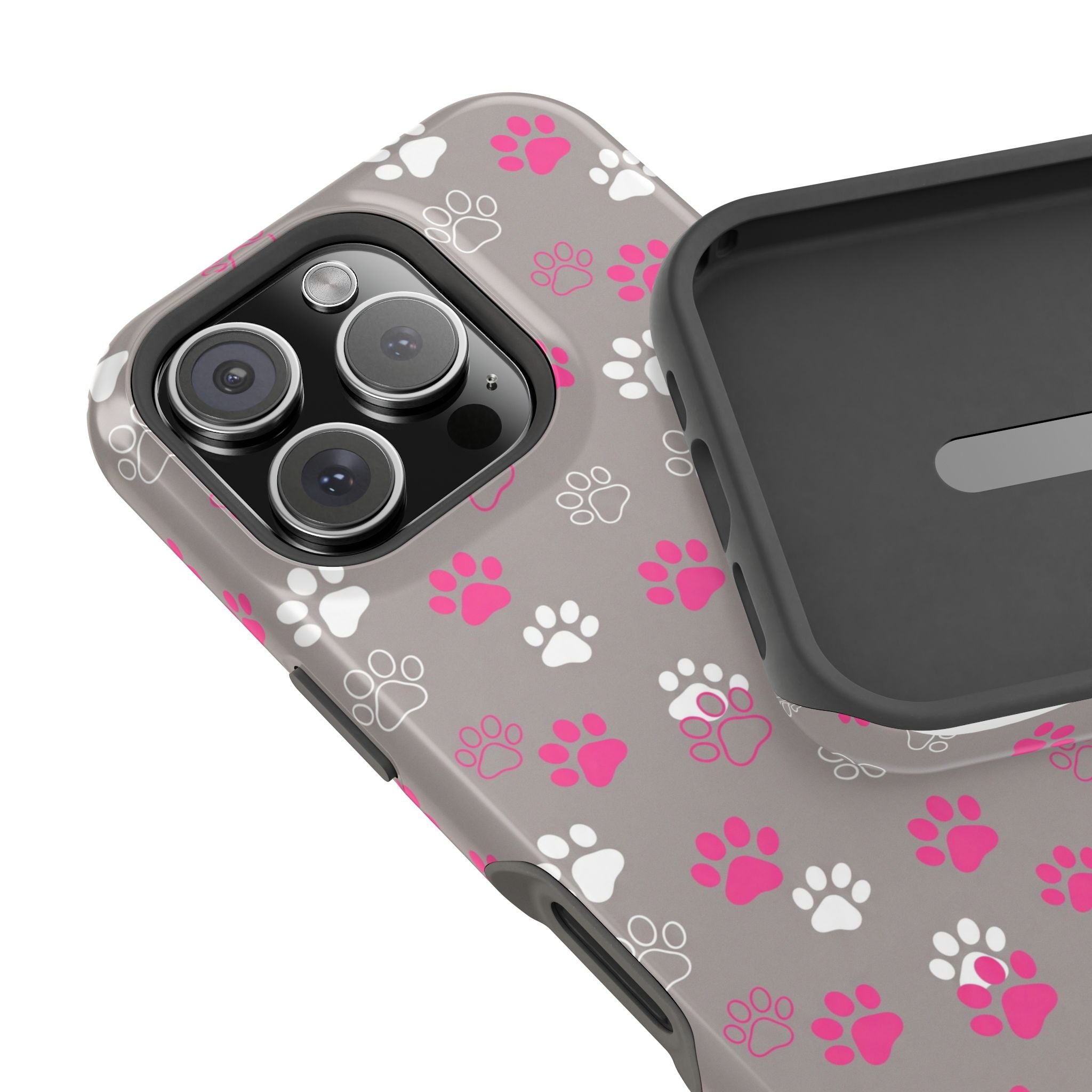 Pink & White Paw Print Phone Case — Impact-Resistant Wireless Charging Cover
