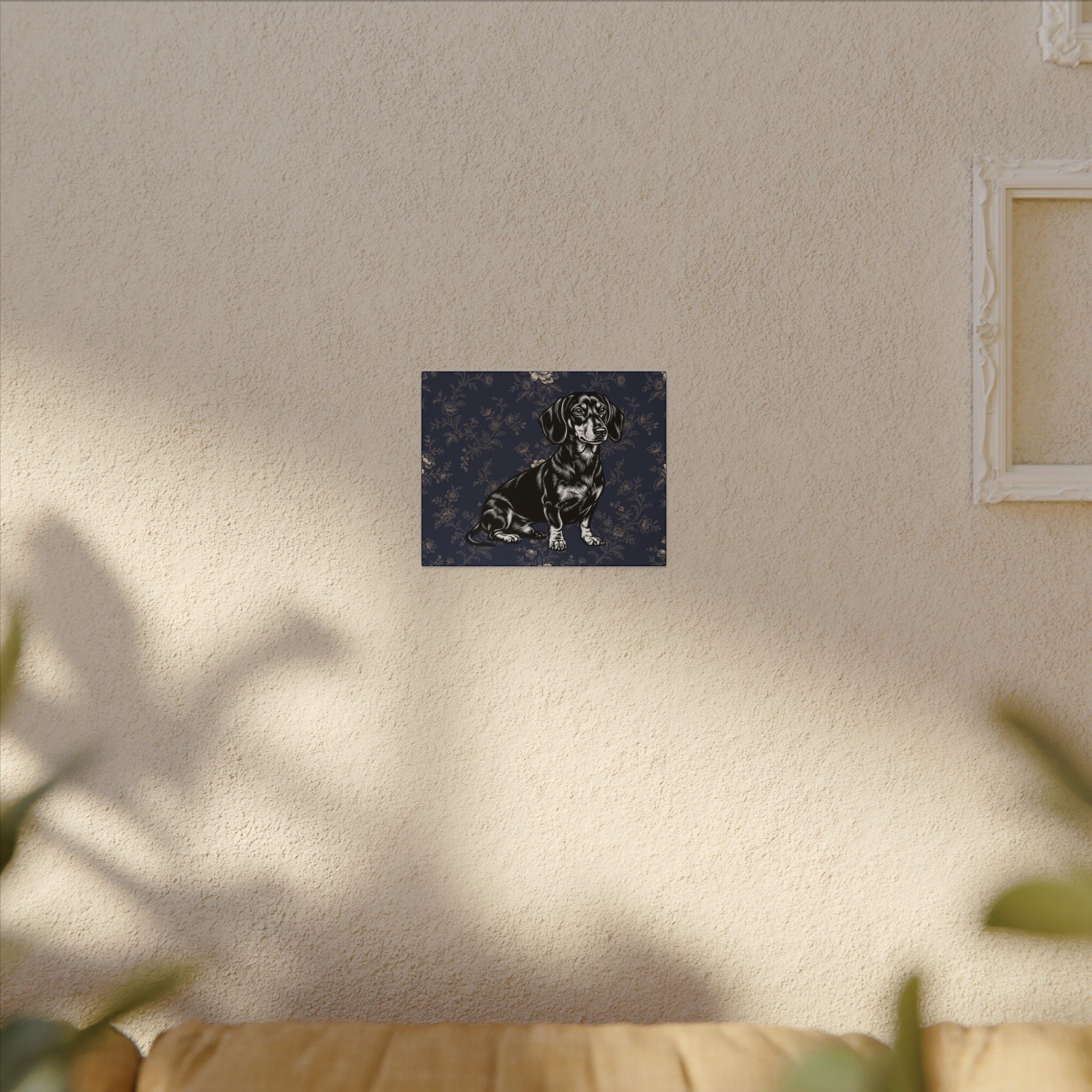 Dachshund Art Canvas – Vintage Floral Navy Matte Stretched Wall Decor