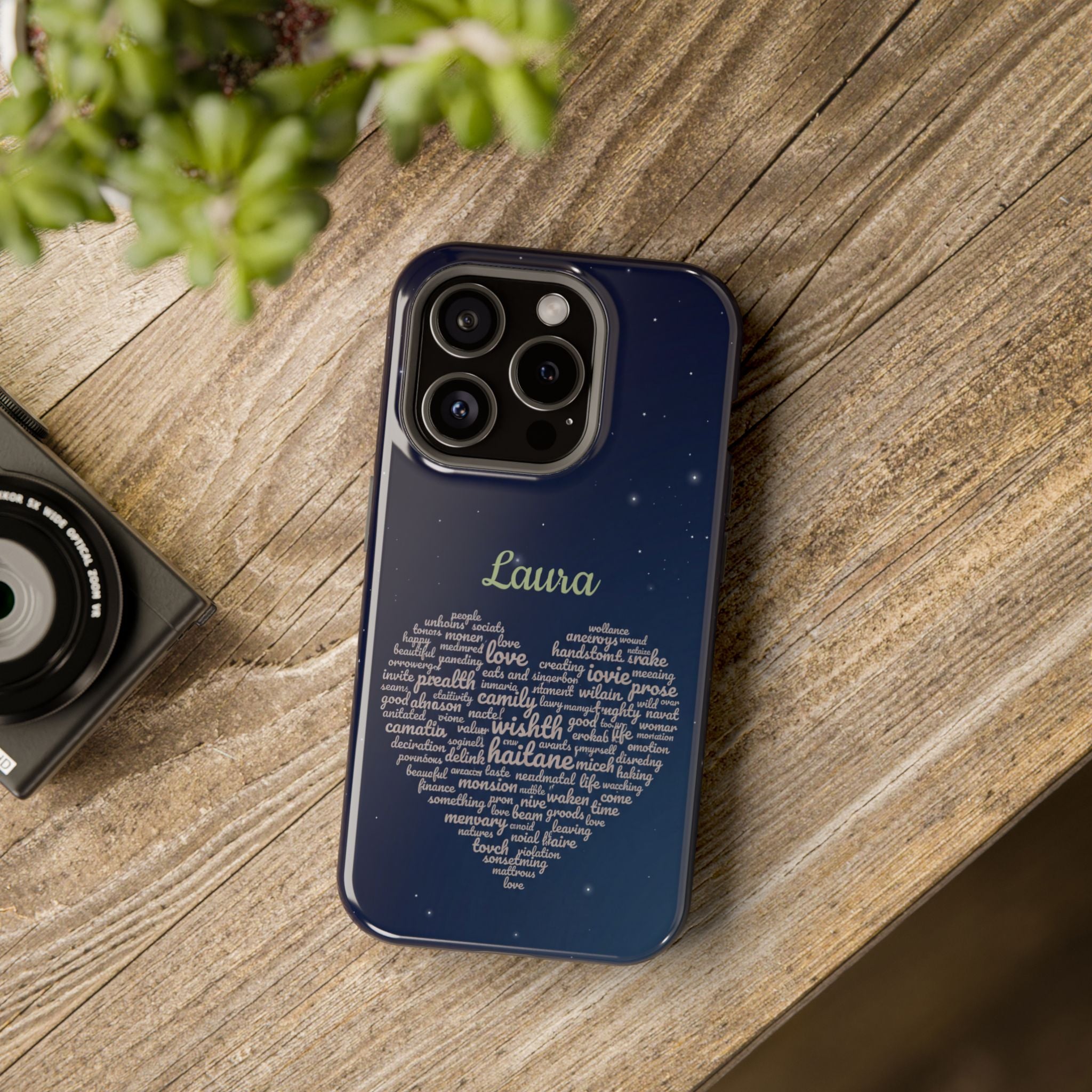 Personalized Teacher Heart Word Art Phone Case — Navy Wireless Charging Cover