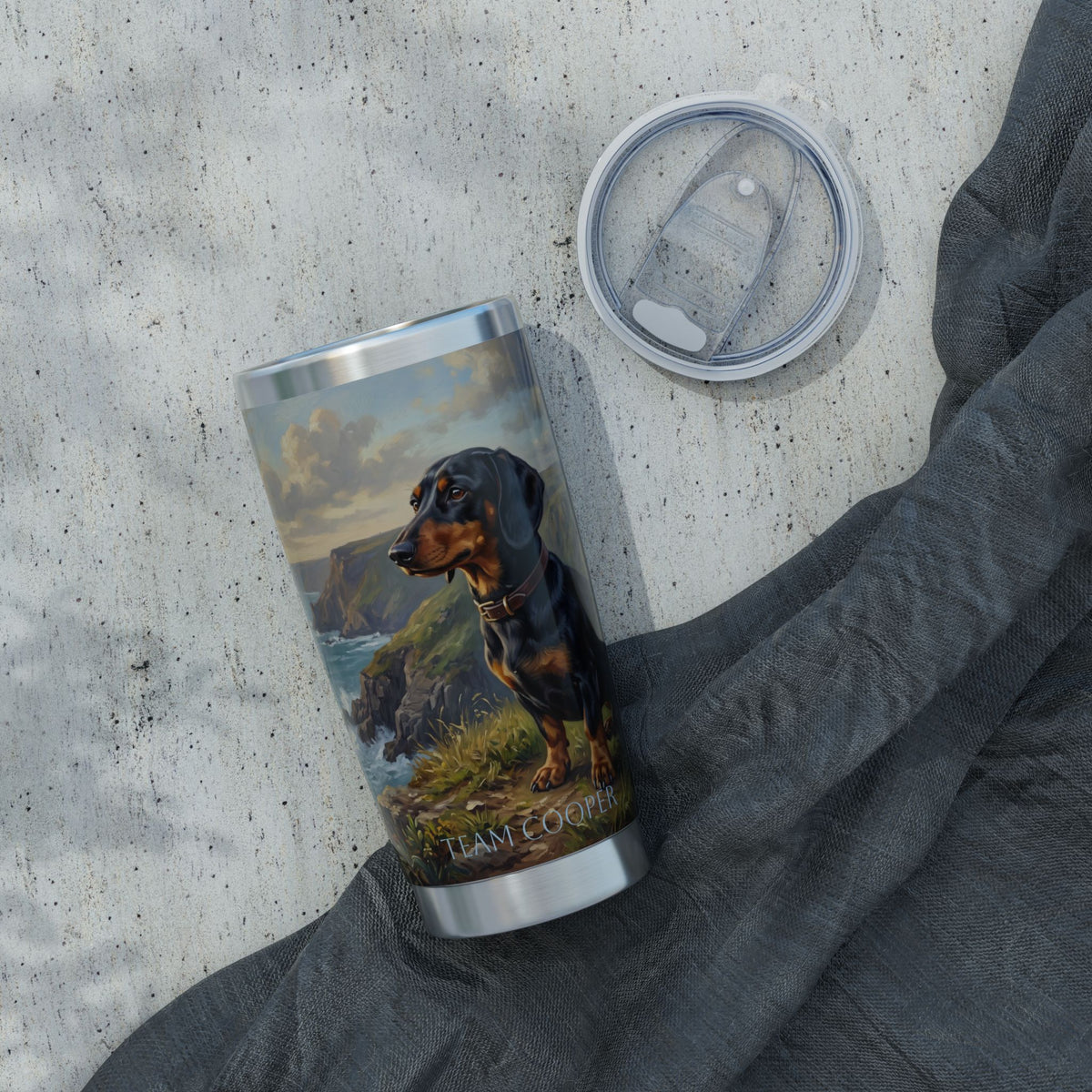 Dachshund Coastal Cliffs Stainless Tumbler — 20 oz Personalized Travel Mug with Seaside Landscape Design