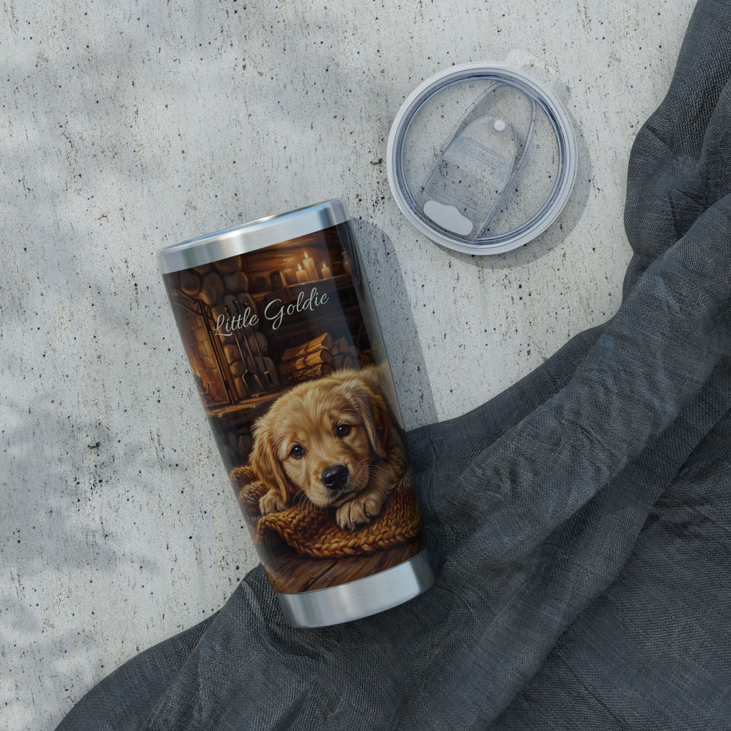 Golden Retriever Puppy Tumbler Personalized – 20 oz Stainless Steel Travel Mug with Custom Name, Cozy Cabin Design