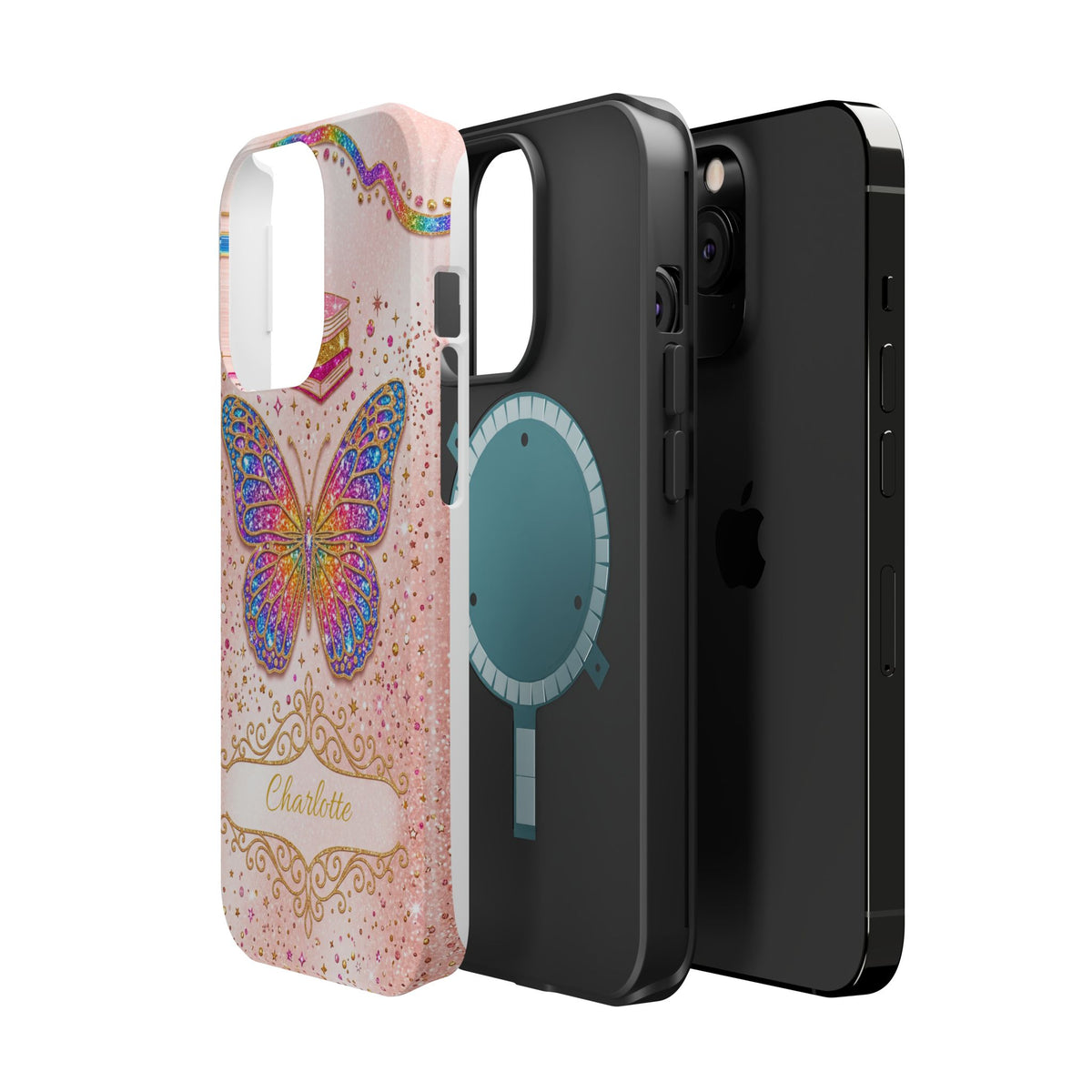 Blush Glitter Butterfly Personalized Teacher Phone Case — Wireless Charging Cover