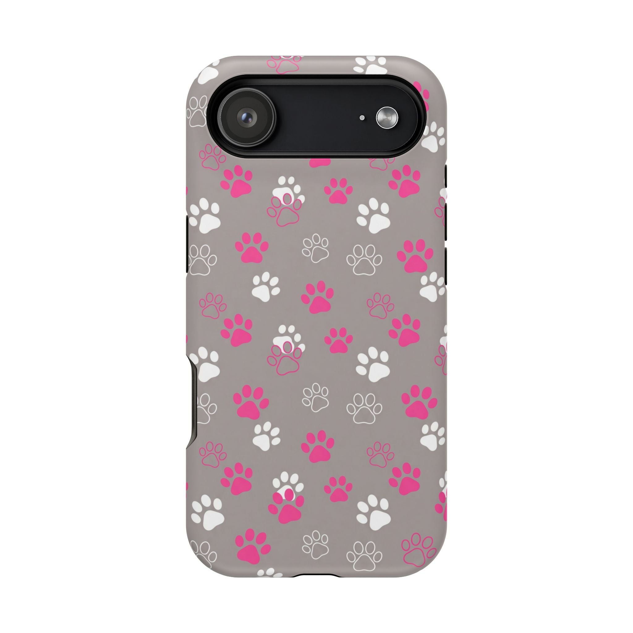 Pink & White Paw Print Phone Case — Impact-Resistant Wireless Charging Cover