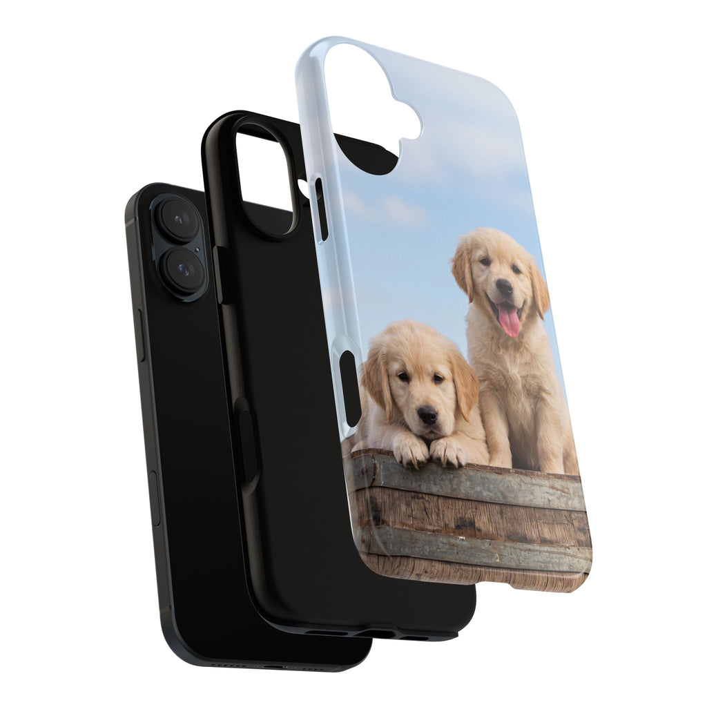 Golden Retriever Puppies on Barrel Phone Case | Cute Duo Under Blue Sky | iPhone & Samsung