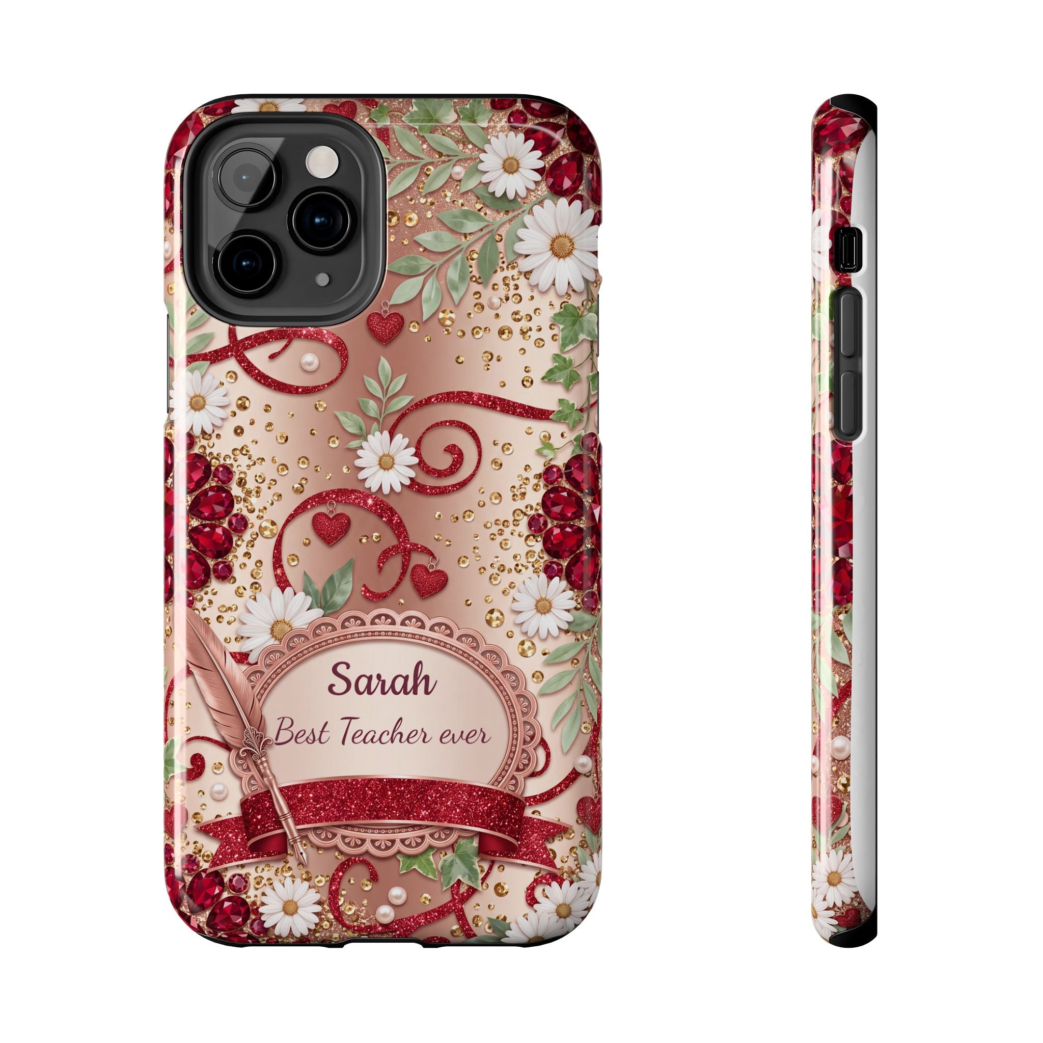 Personalized Teacher Phone Case — Custom Name and Message - Floral Jeweled Design
