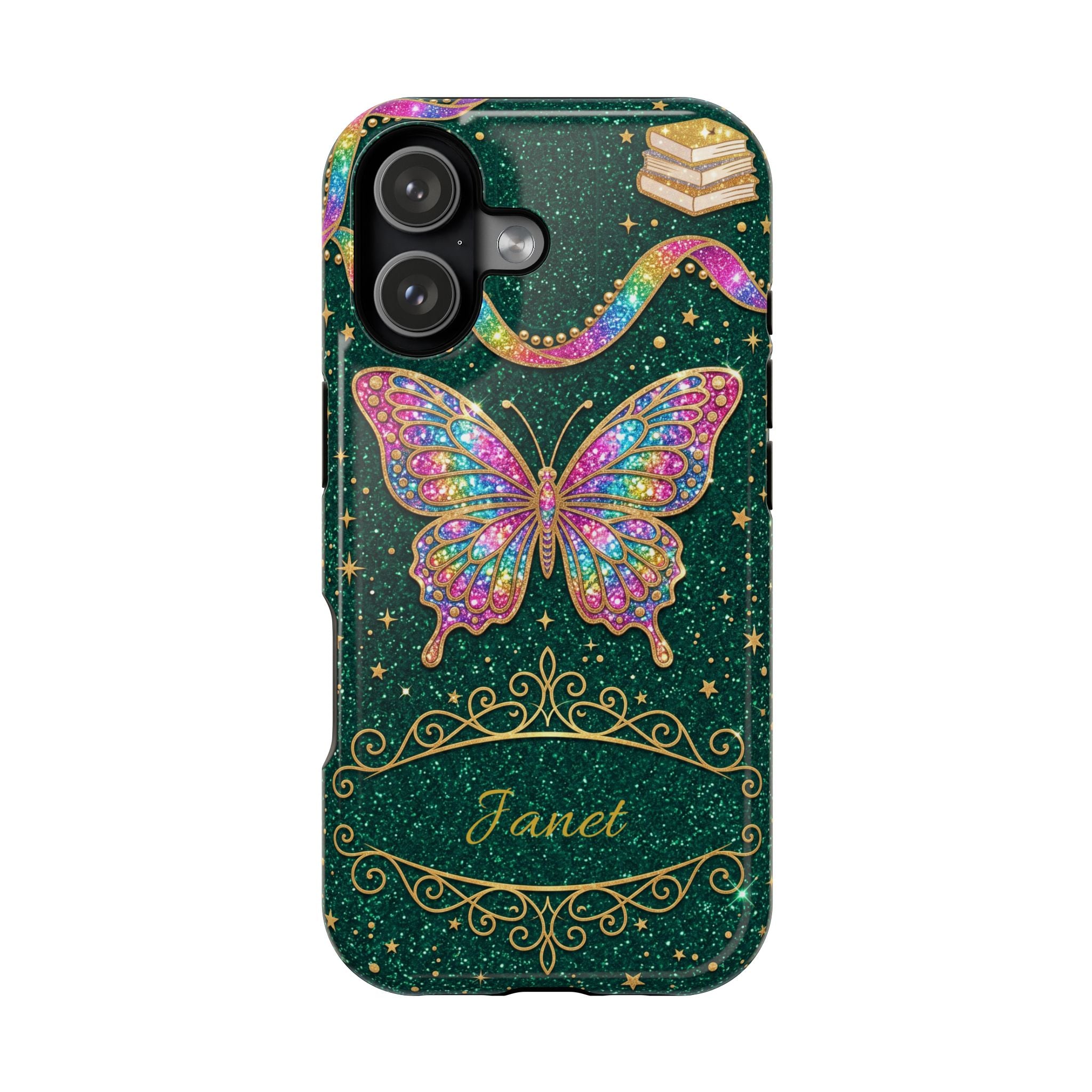 Rainbow Glitter Butterfly Personalized Teacher Phone Case — Wireless Charging Cover