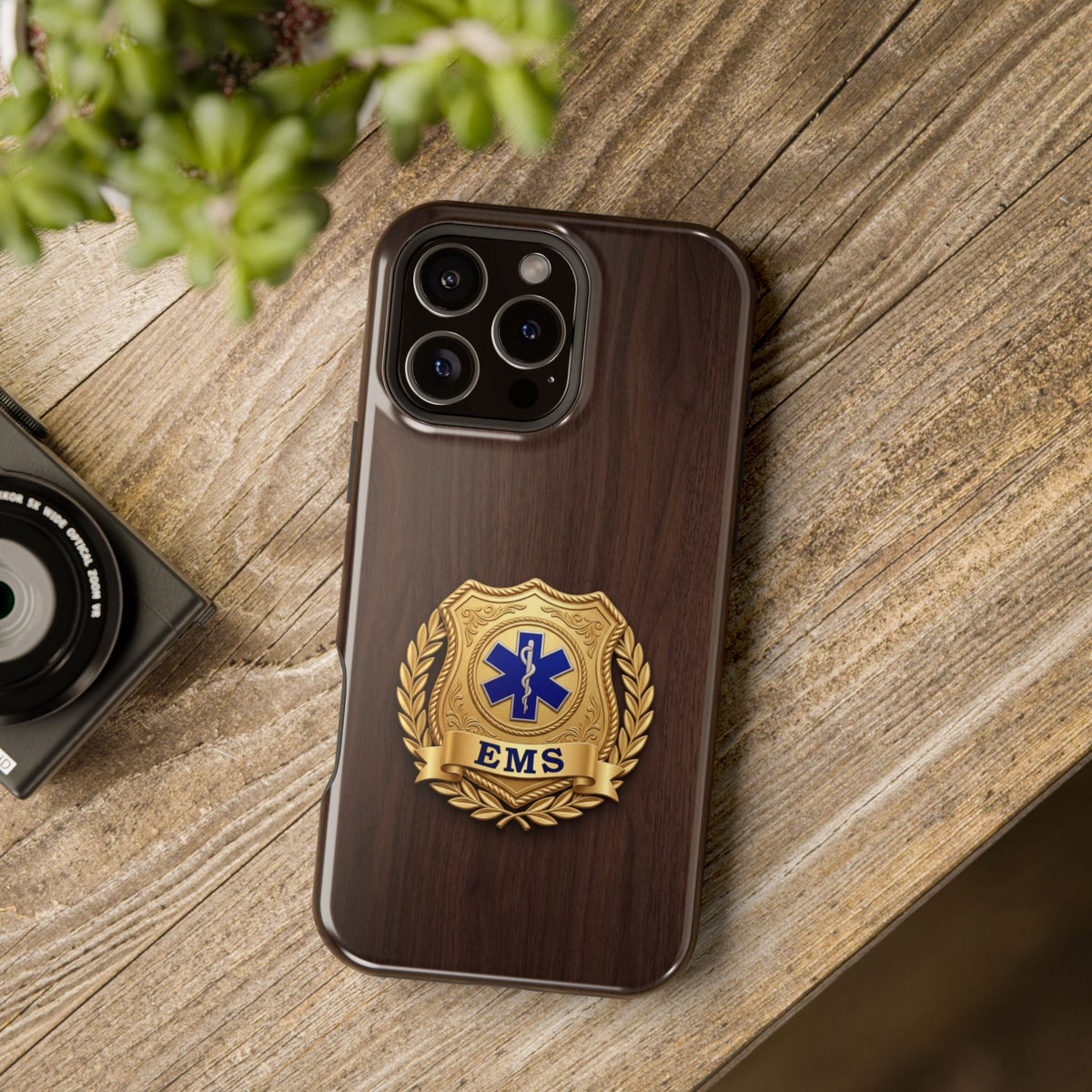 Gold EMS Laurel Badge Wood Phone Case — Magnetic Wireless Charging Cover