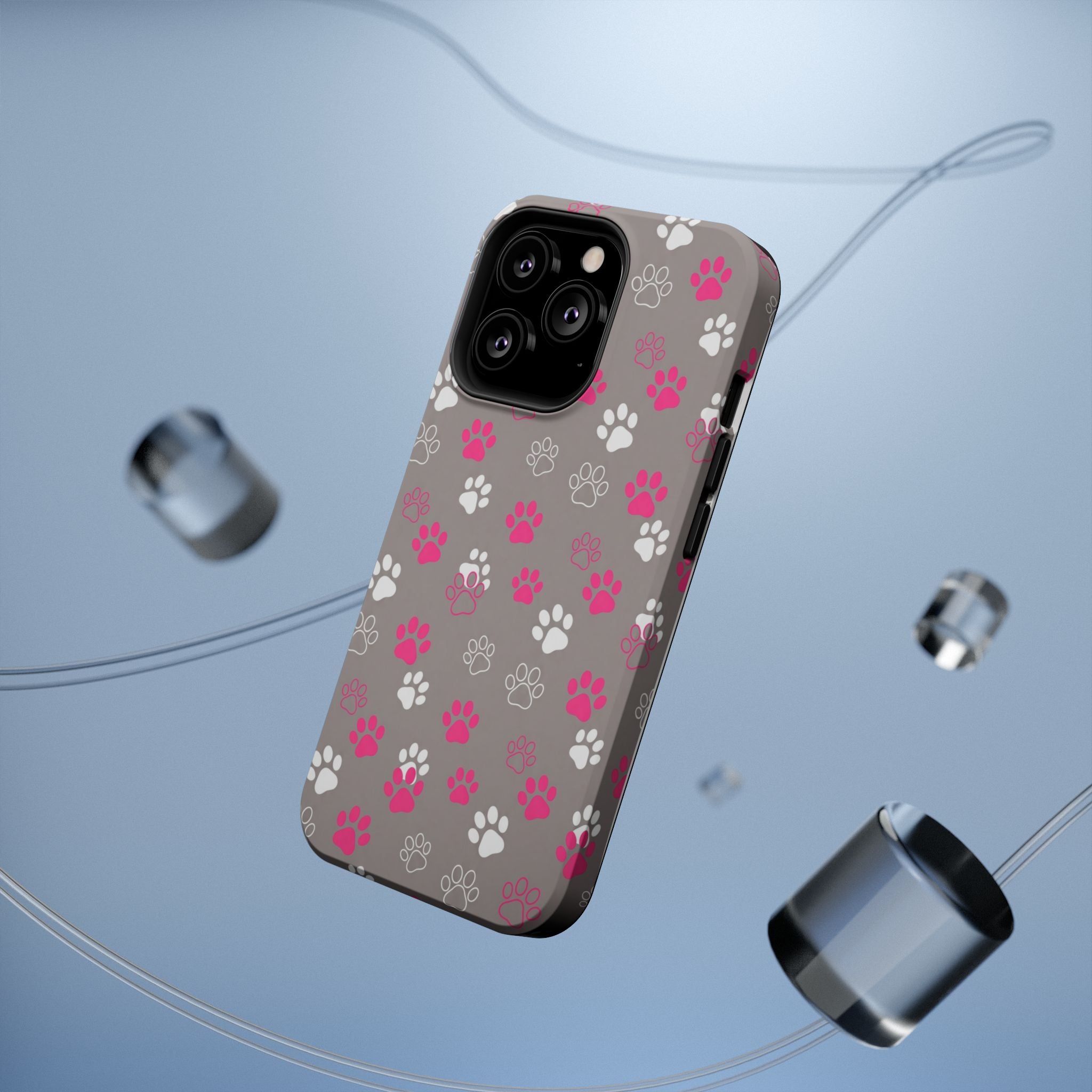 Pink & White Paw Print Phone Case — Impact-Resistant Wireless Charging Cover