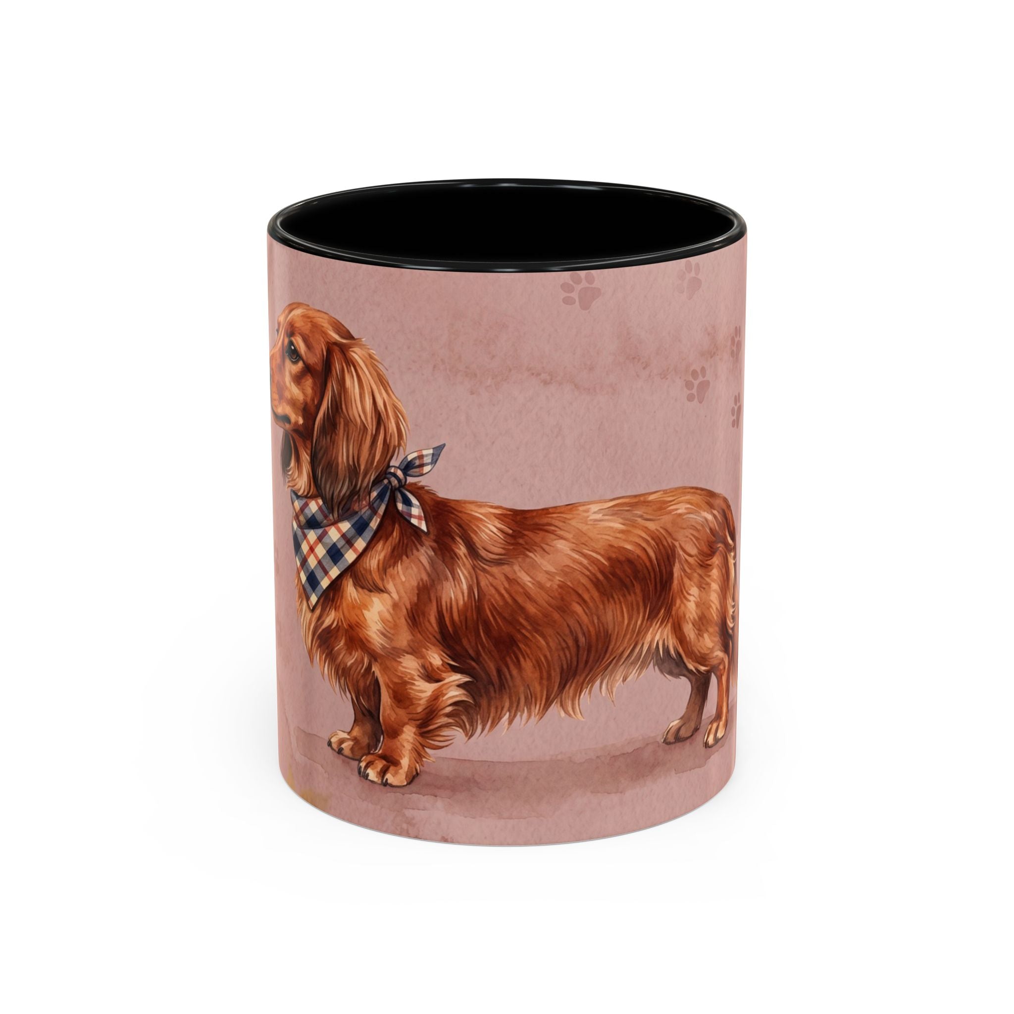 Dachshund Lover Mug | Long-Haired Wiener Dog with Plaid Bandana, Dusty Rose Watercolor Dog Gift