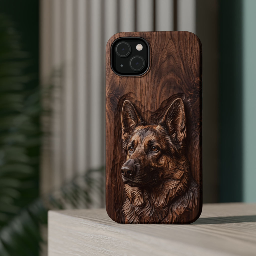 German Shepherd Phone Case | Carved Walnut Art — Tough Magnetic Case with Wireless Charging