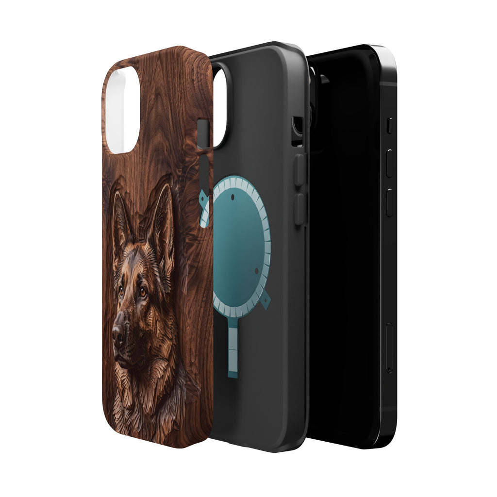 German Shepherd Phone Case | Carved Walnut Art — Tough Magnetic Case with Wireless Charging