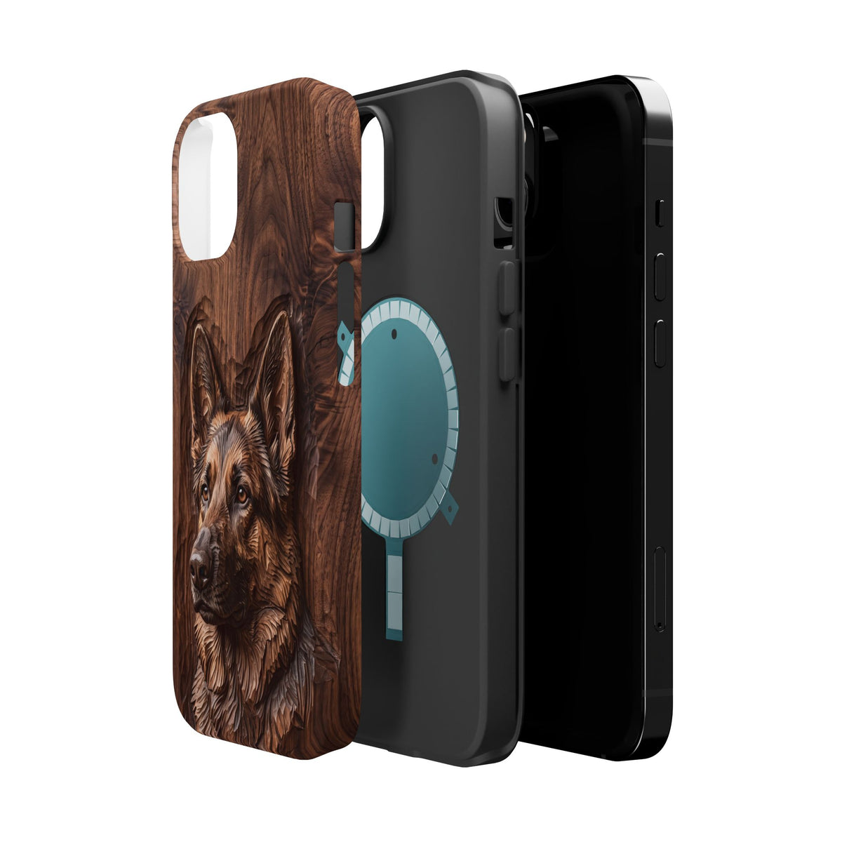 German Shepherd Phone Case | Carved Walnut Art — Tough Magnetic Case with Wireless Charging