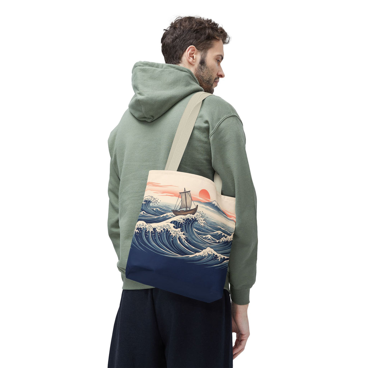 Japanese Wave Sailboat Tote Bag – Woodblock Style Ocean Beach Bag