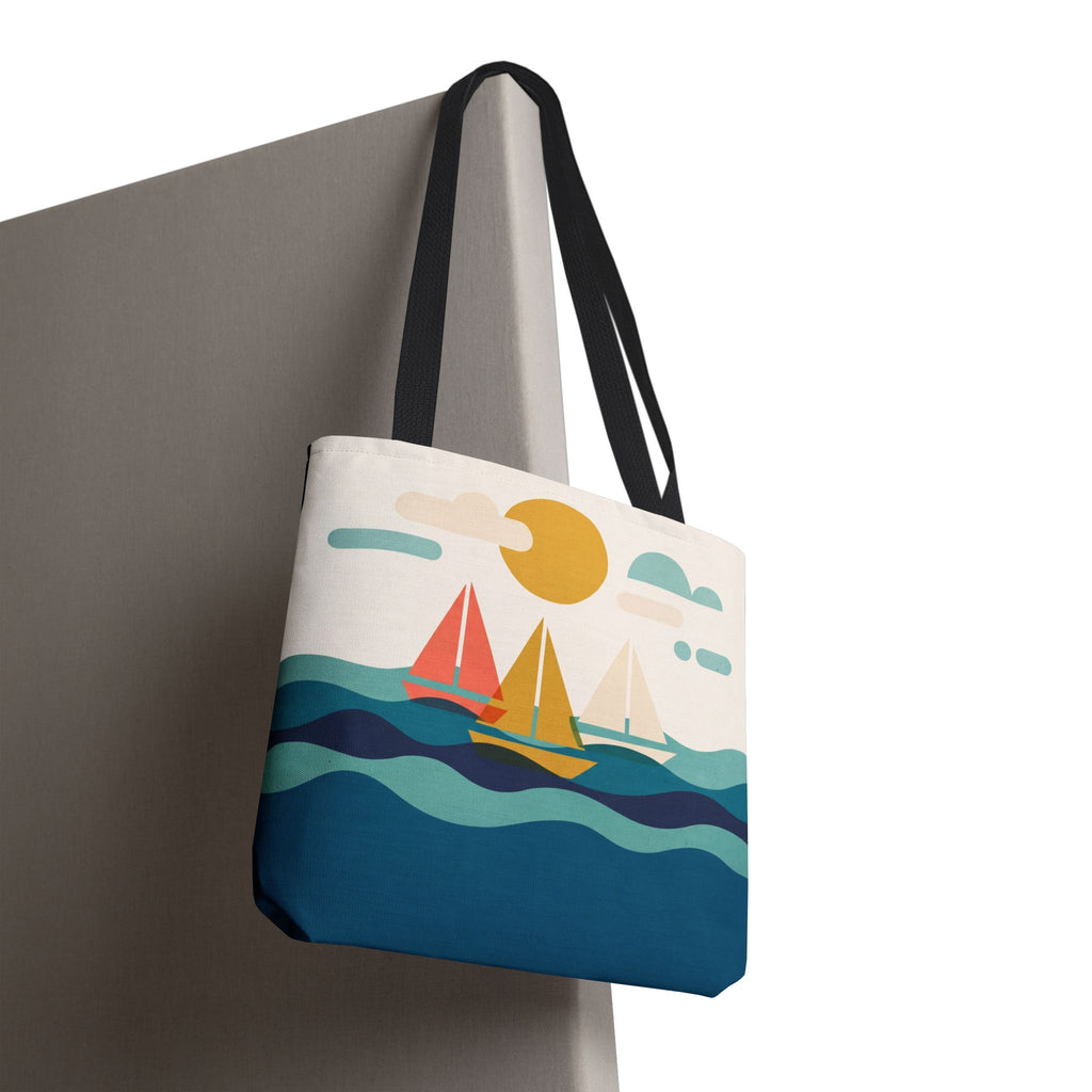 Minimalist Sailboat Tote Bag – Mid-Century Modern Ocean Waves Beach Bag