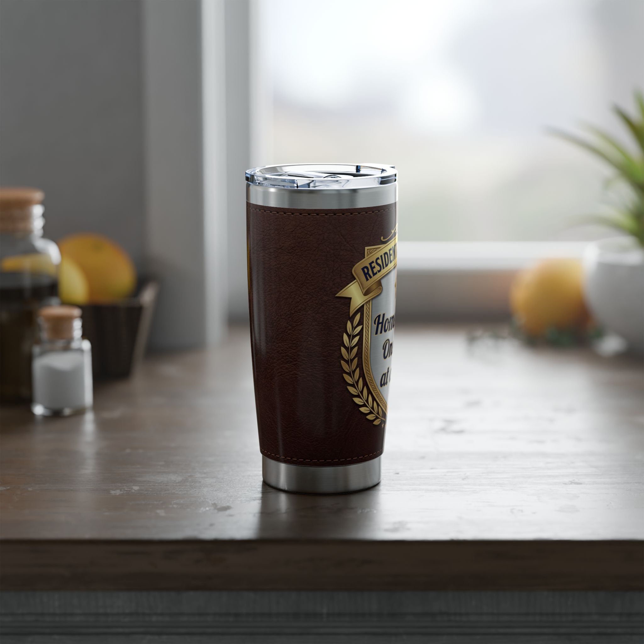 Residential Plumber Tumbler – "Homes Fixed, One Leak At A Time" Leather Crest 20 oz