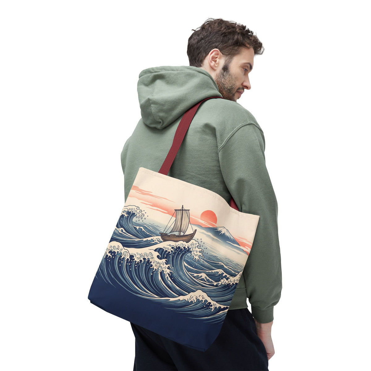 Japanese Wave Sailboat Tote Bag – Woodblock Style Ocean Beach Bag