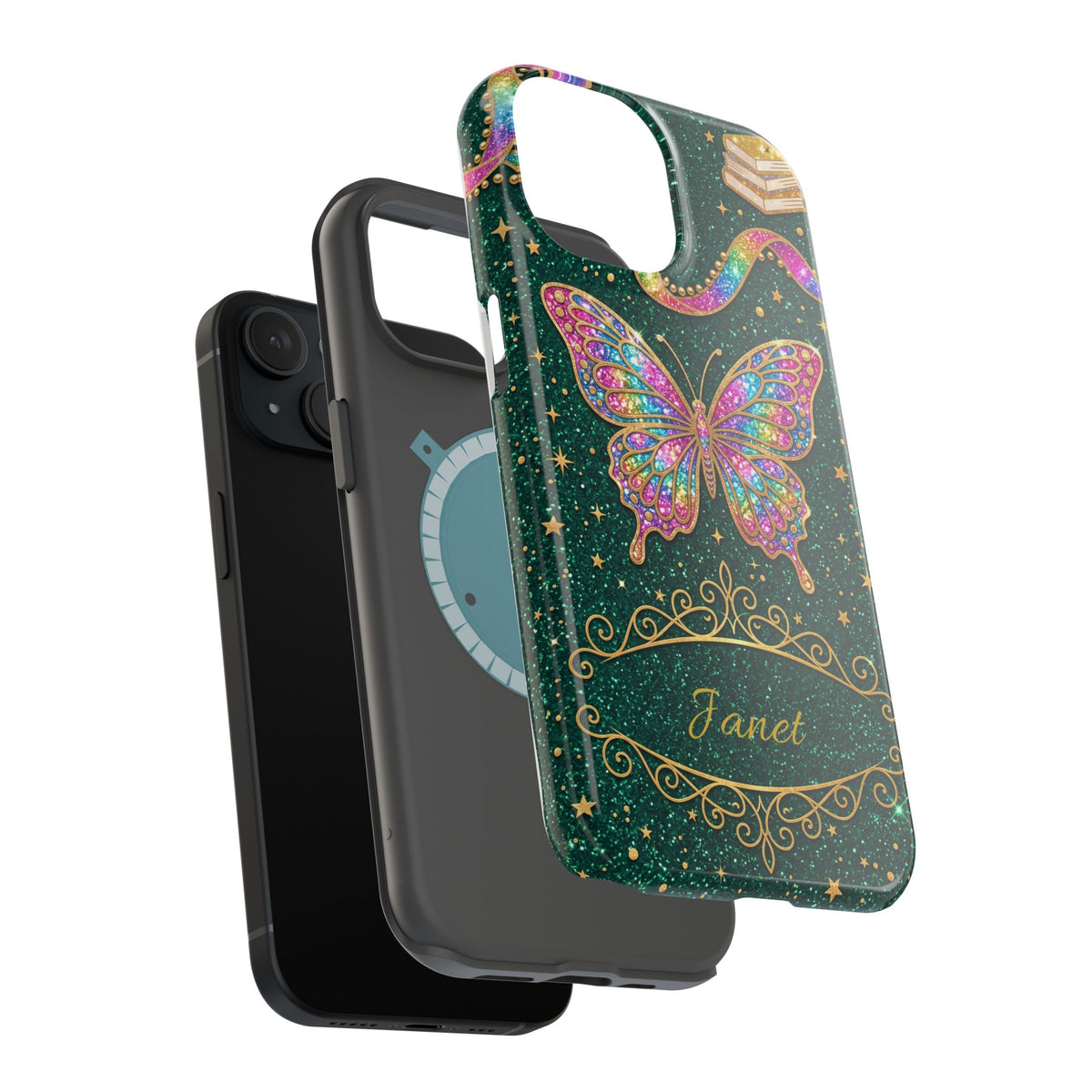 Rainbow Glitter Butterfly Personalized Teacher Phone Case — Wireless Charging Cover