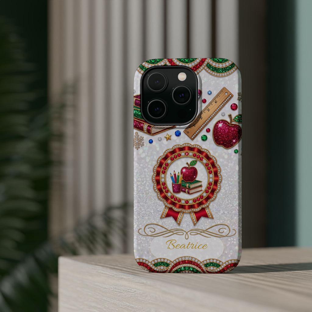 Jeweled Apple Medallion Personalized Teacher Phone Case — Wireless Charging Cover