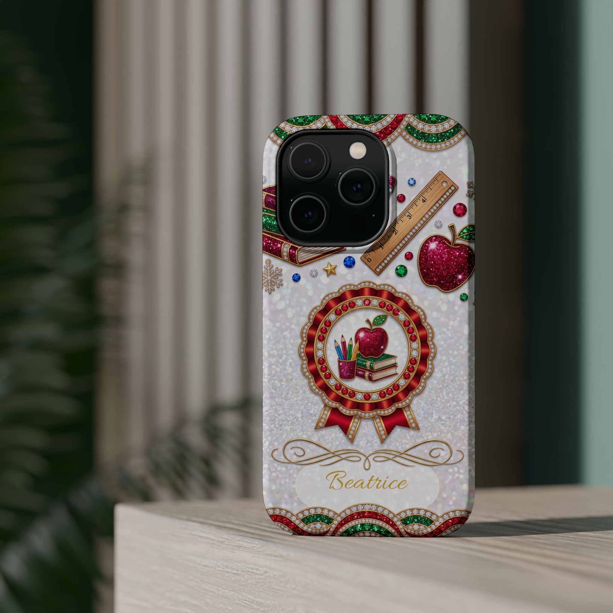 Jeweled Apple Medallion Personalized Teacher Phone Case — Wireless Charging Cover