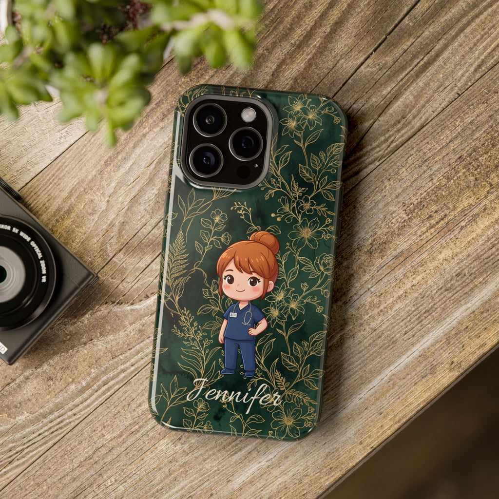 Personalized Nurse Botanical Phone Case — Impact-Resistant Wireless Charging Cover