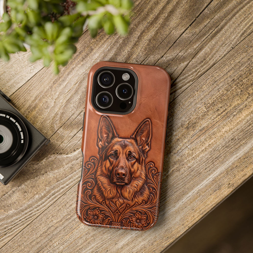 German Shepherd Phone Case | Western Tooled Art — Tough Magnetic Case with Wireless Charging