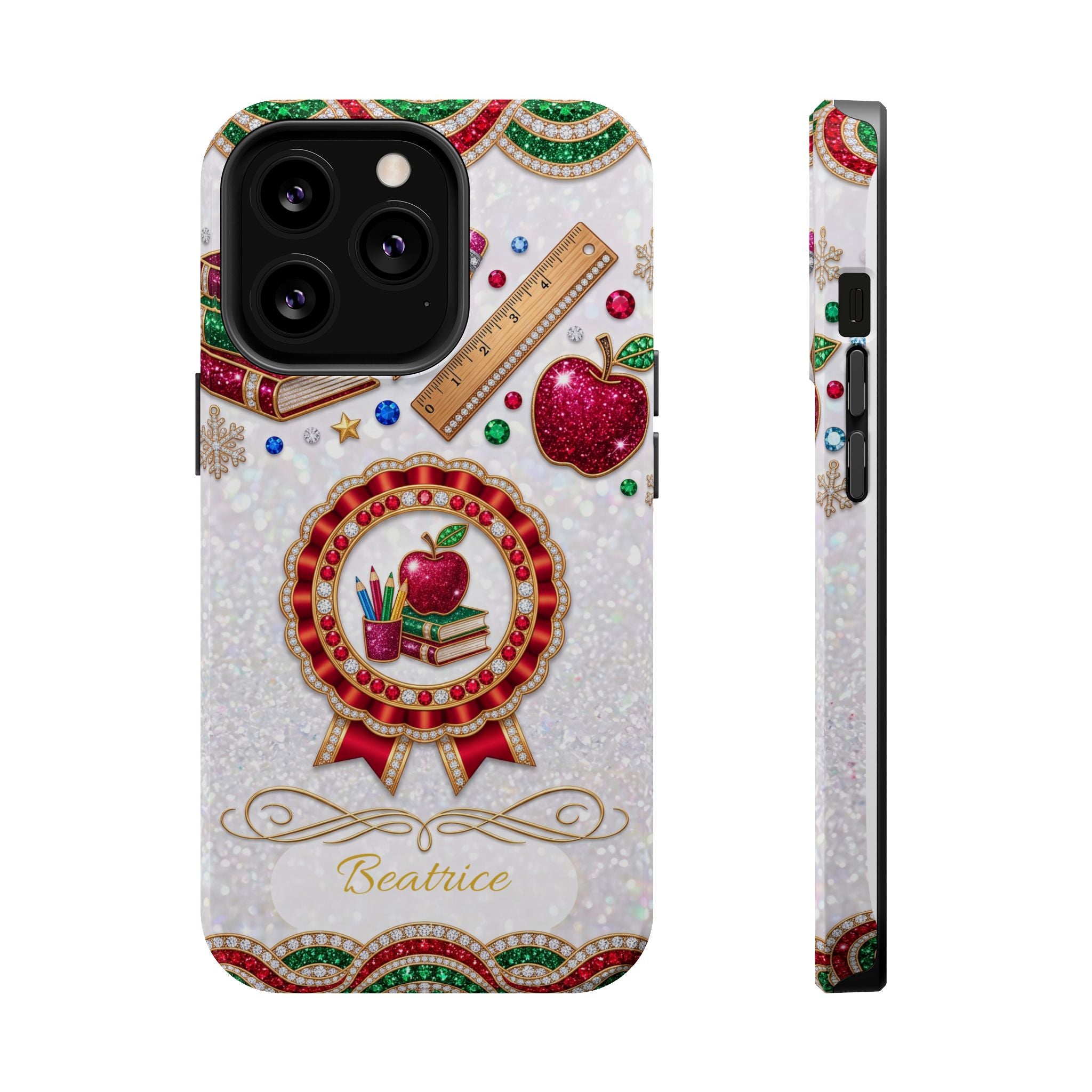 Jeweled Apple Medallion Personalized Teacher Phone Case — Wireless Charging Cover