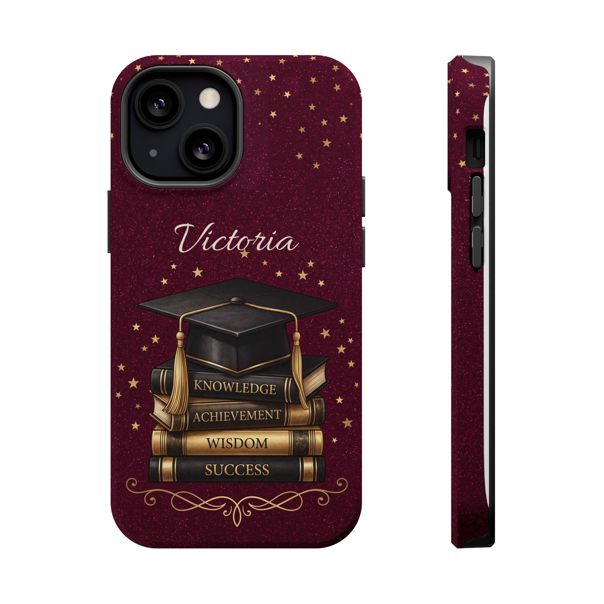 Graduation Cap & Books Personalized Teacher Phone Case — Wireless Charging Cover
