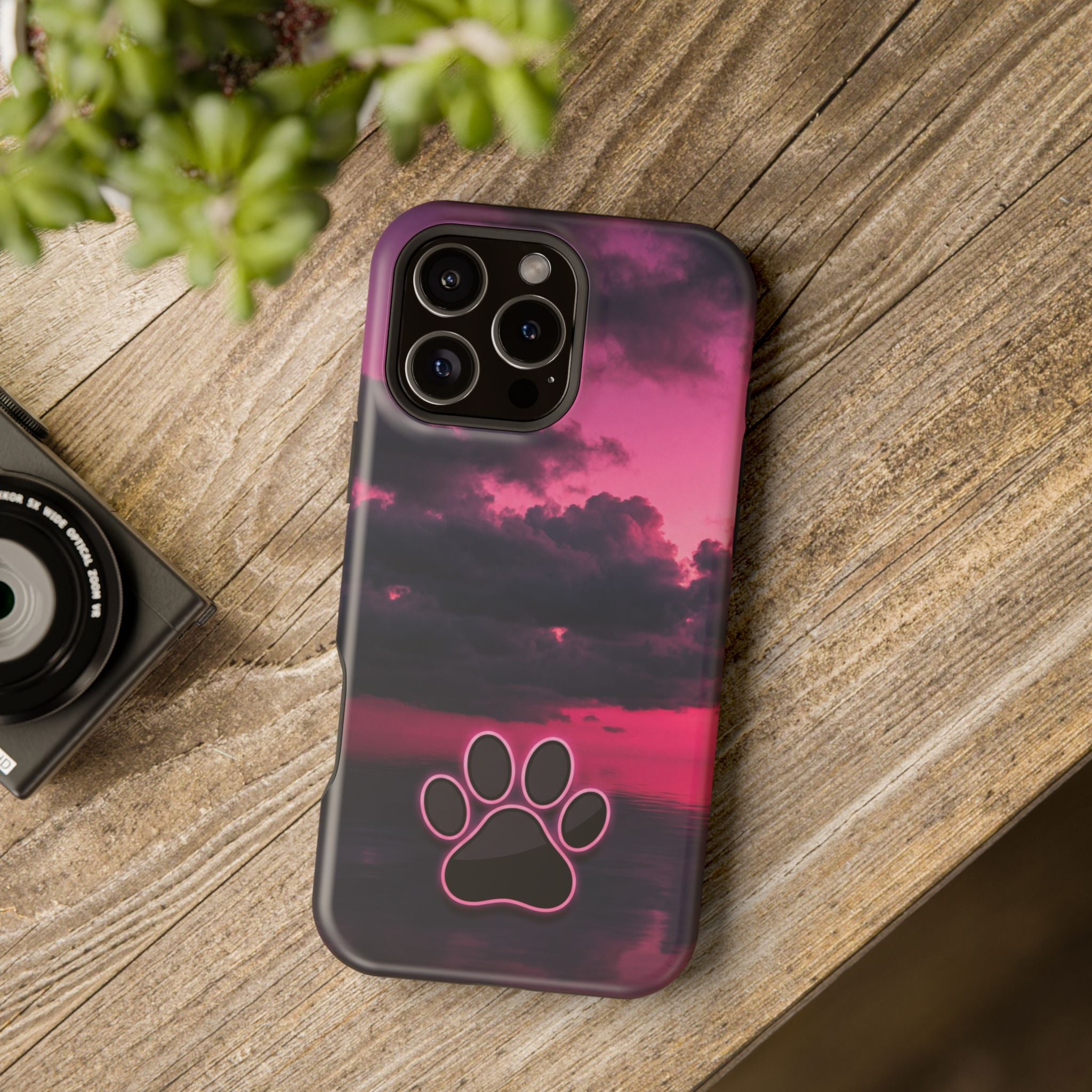 iPhone & Samsung Magnetic Impact-Resistant Phone Case — Pink Twilight Cloud with Paw Print
